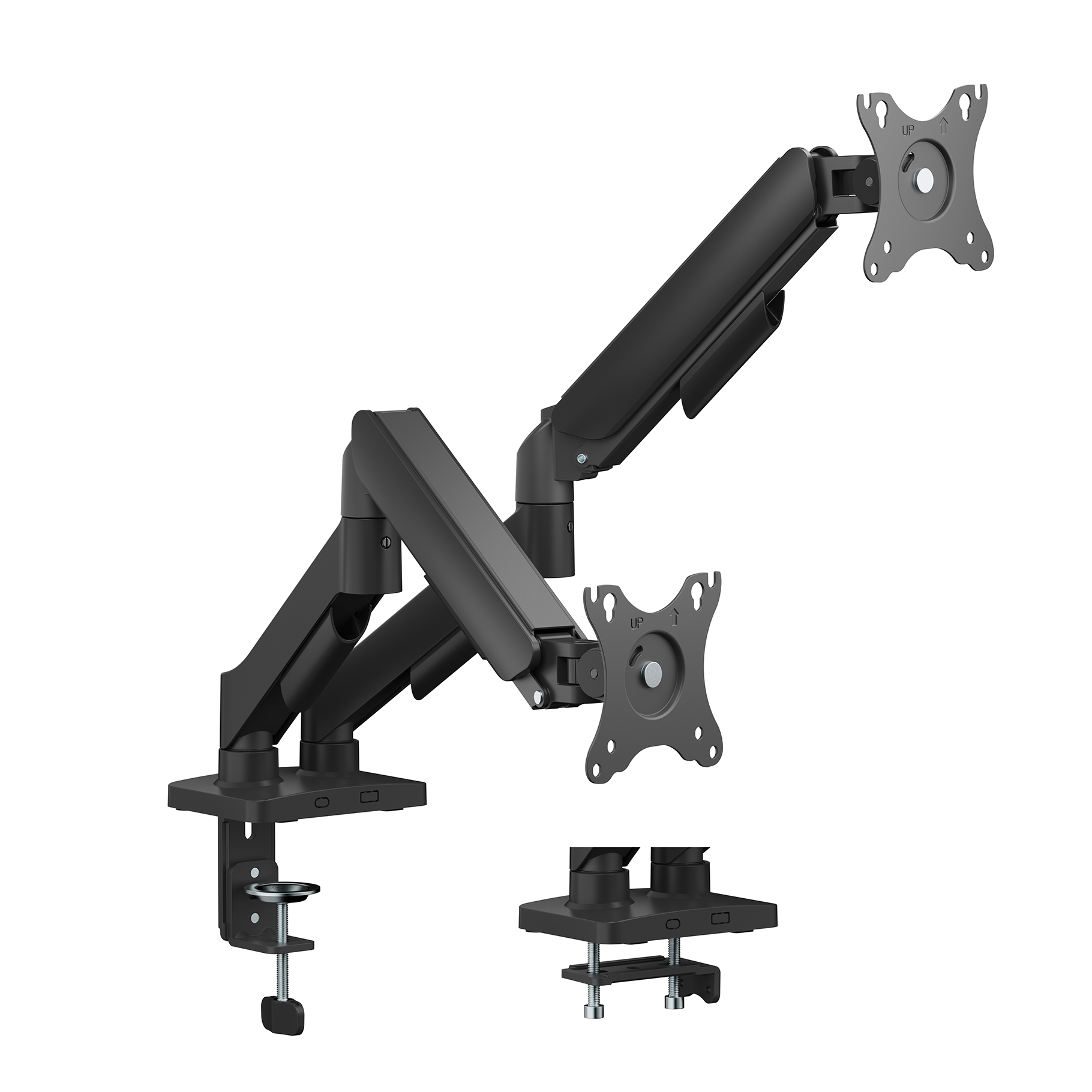 Un bras de moniteur double avec un support de serrage et un support à œillets est affiché sur un fond blanc.