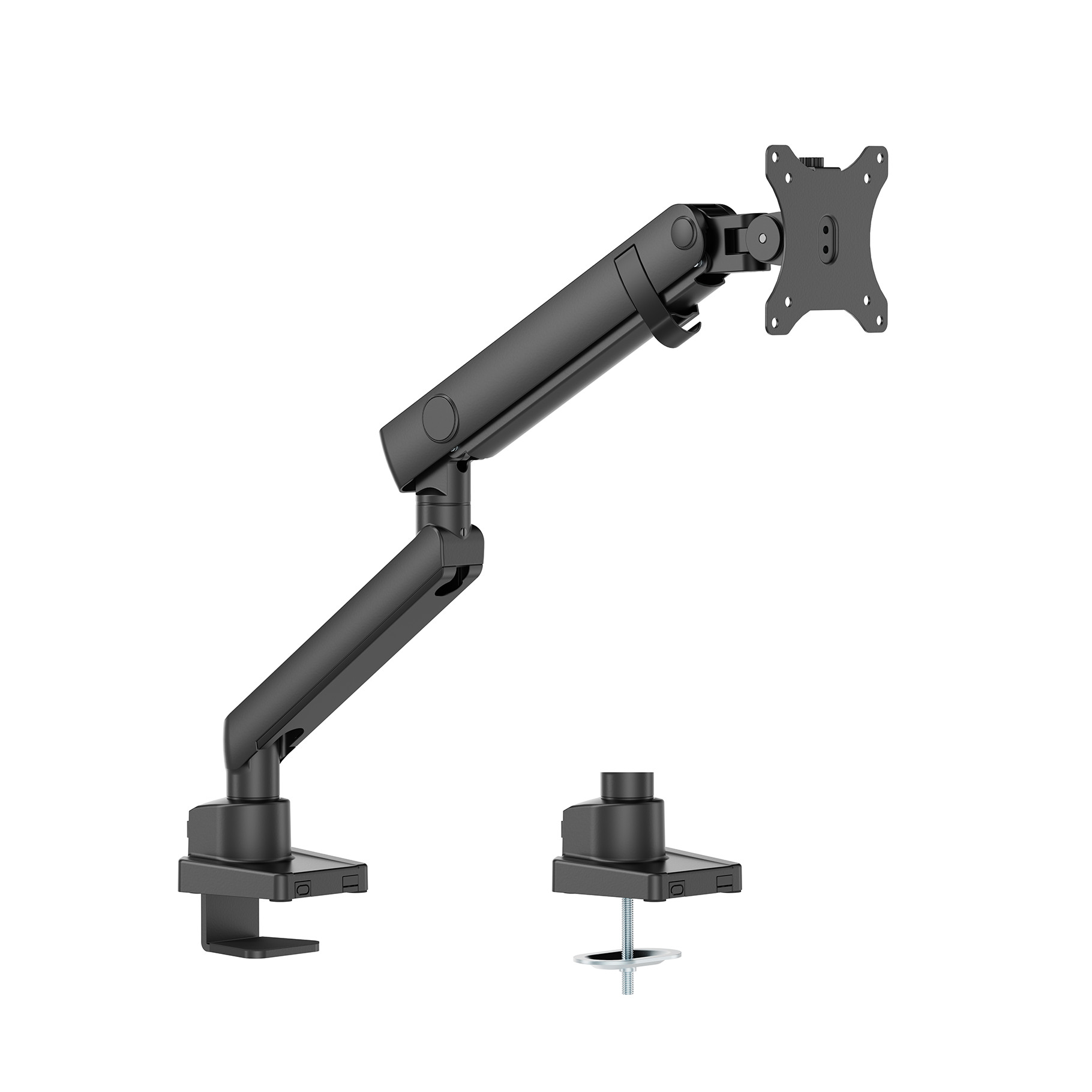 Un bras de moniteur avec un support de serrage et un support à œillets est affiché sur un fond blanc.