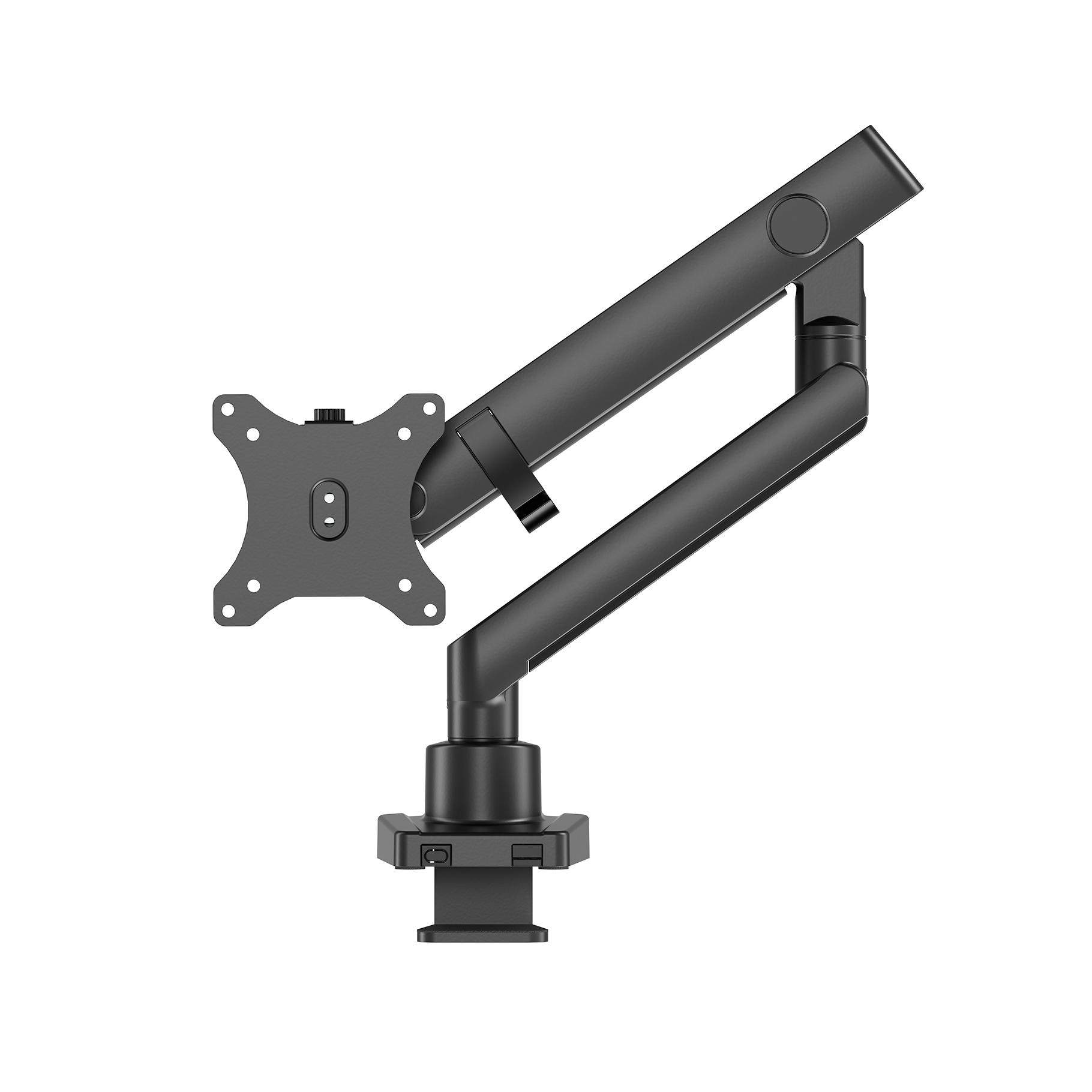 Un bras de moniteur avec un support de serrage et un support à œillets est affiché sur un fond blanc.