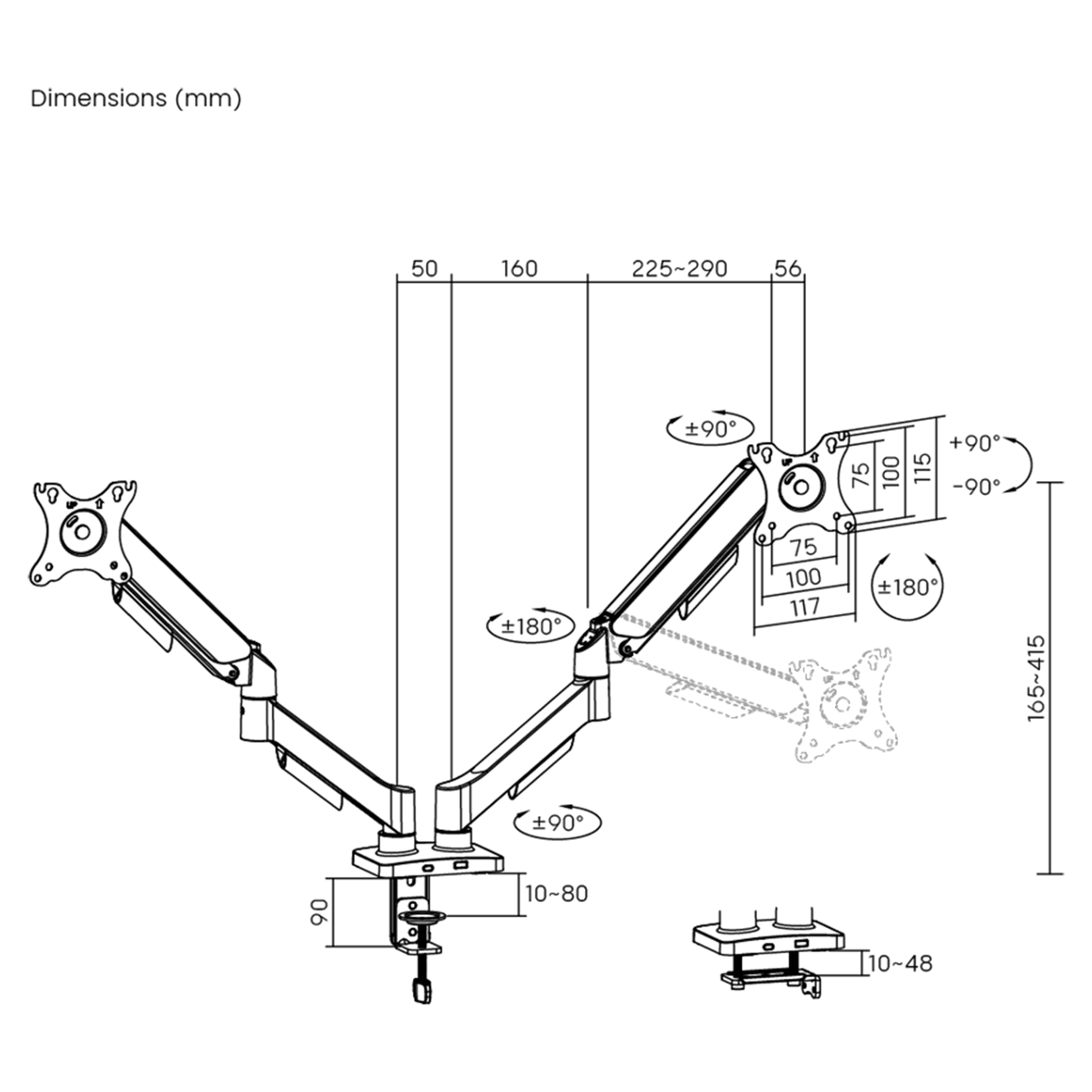 Un dessin technique montrant les dimensions et la capacité d'ajustement d'un bras de moniteur double.