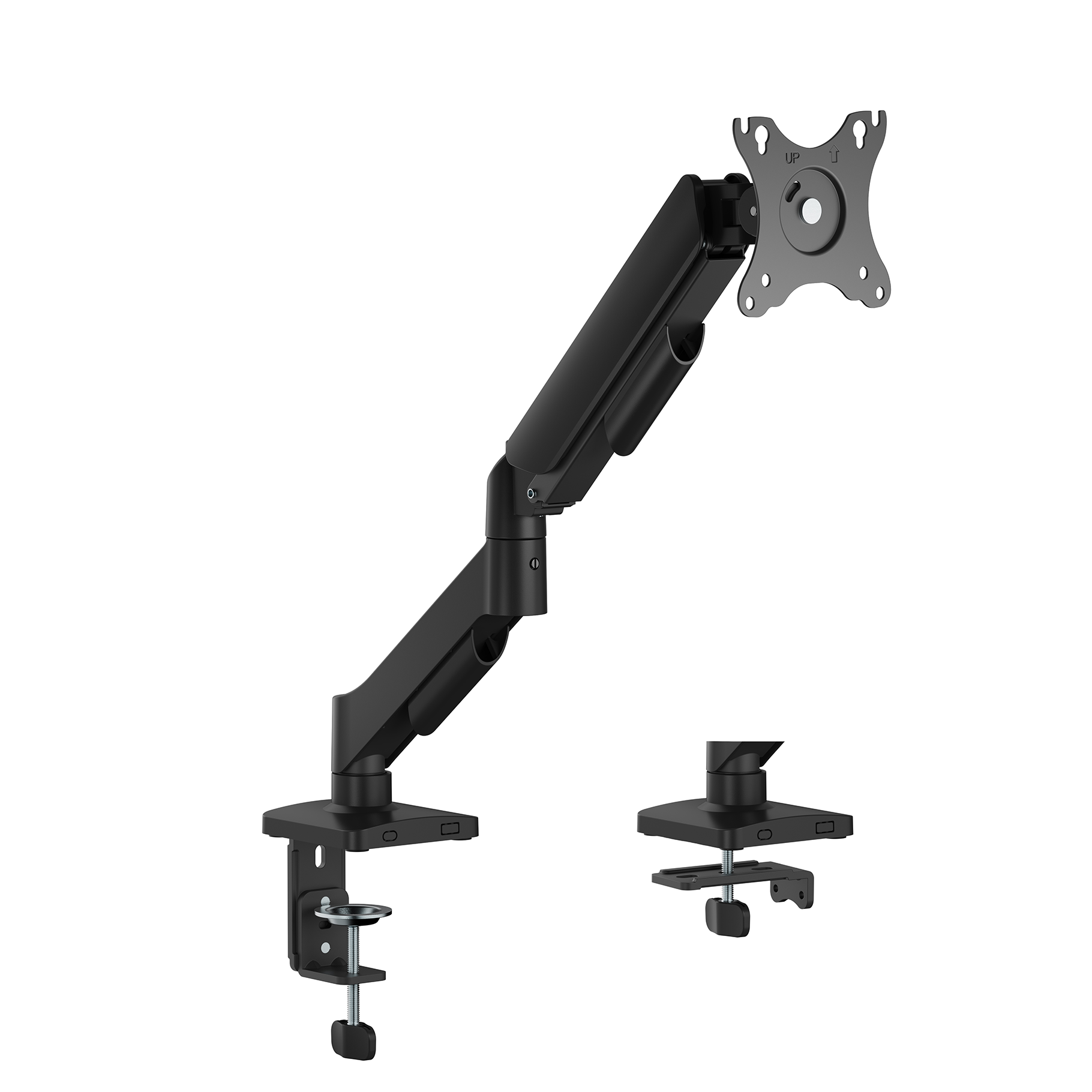 Un bras de moniteur avec un support de serrage et un support à œillets est affiché sur un fond blanc.