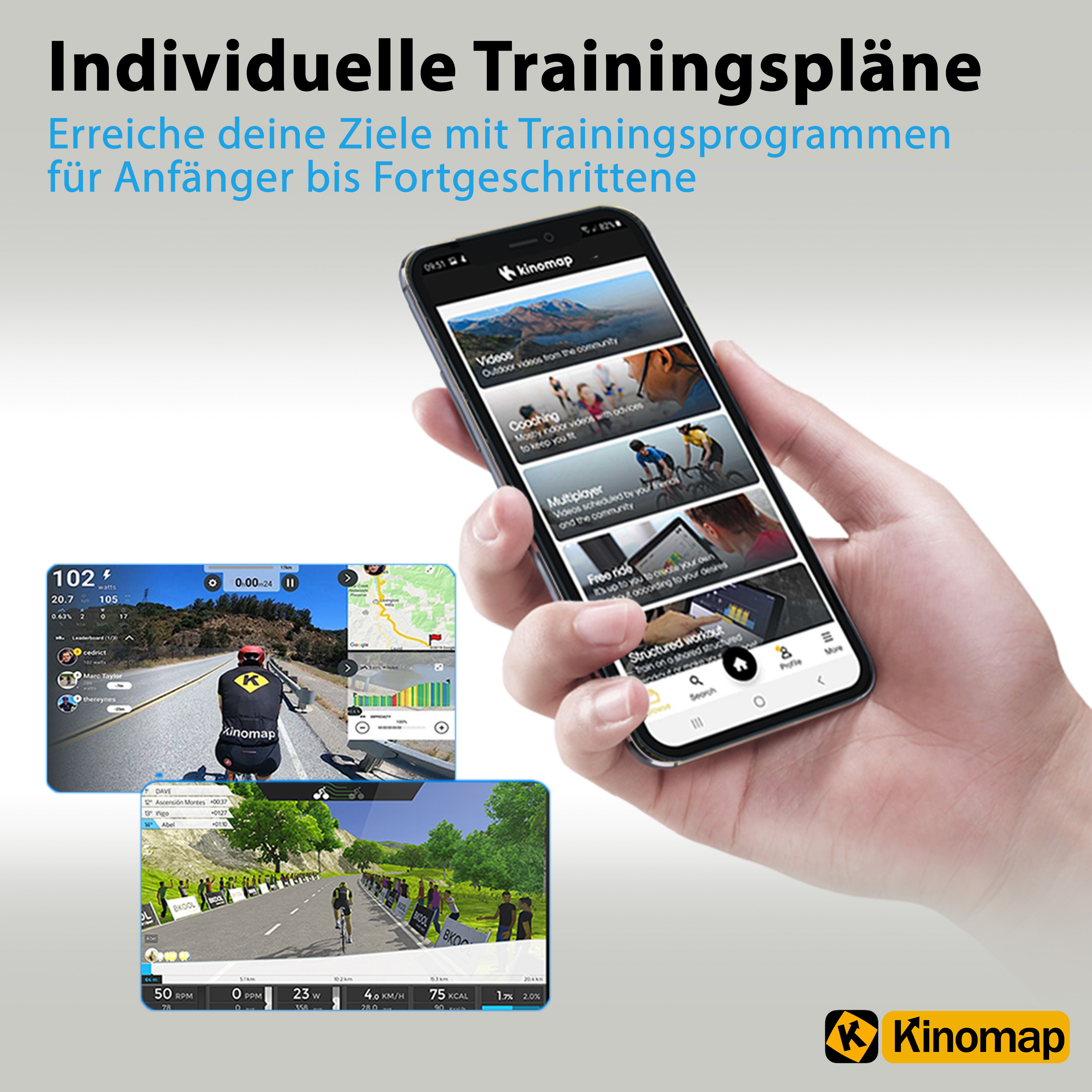 Hand hält ein Telefon mit einer Fitness-App, die virtuelle Radwege und Trainingspläne anzeigt.