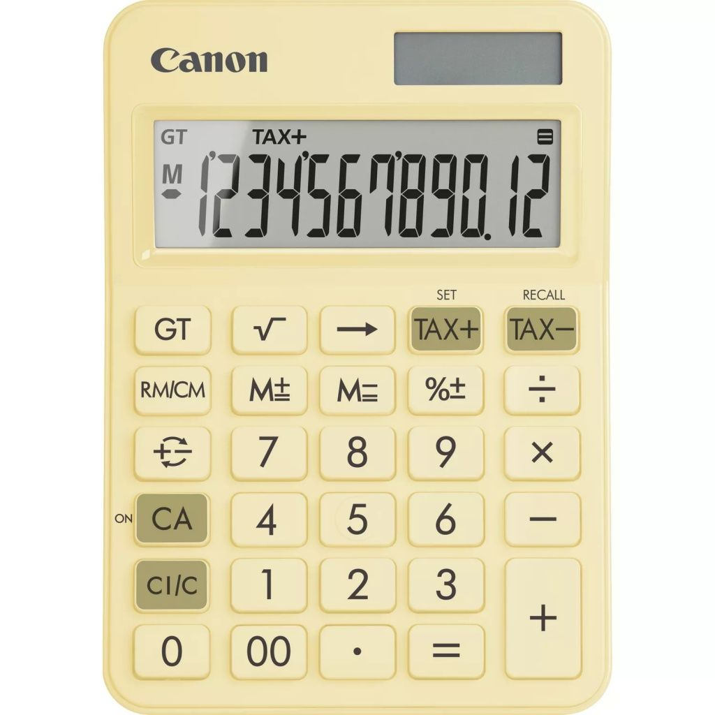Calculatrice crème avec boutons blancs. L'écran affiche le nombre 1234567890,12.