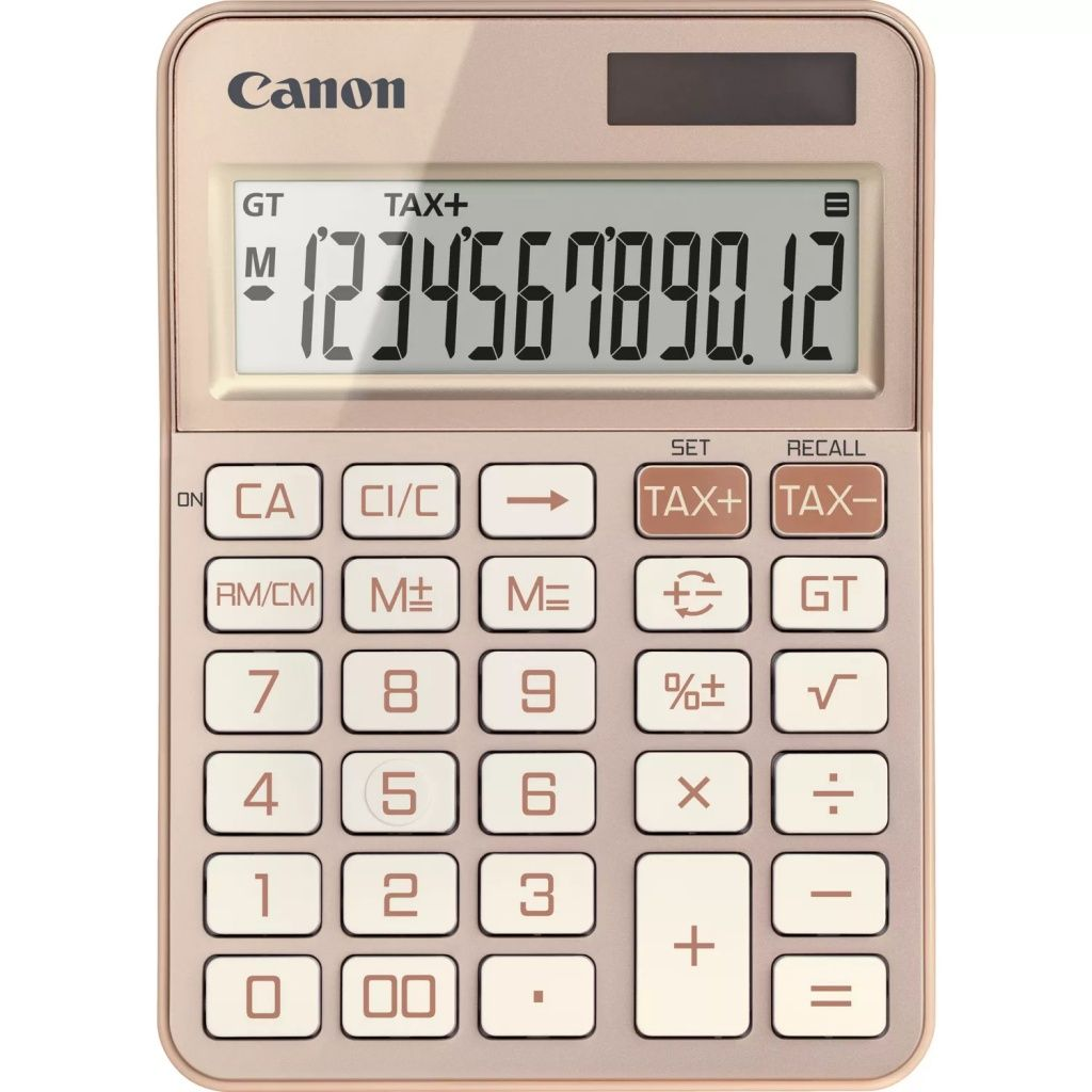 Calculatrice or rose avec boutons blancs. L'écran affiche le nombre 1234567890,12.