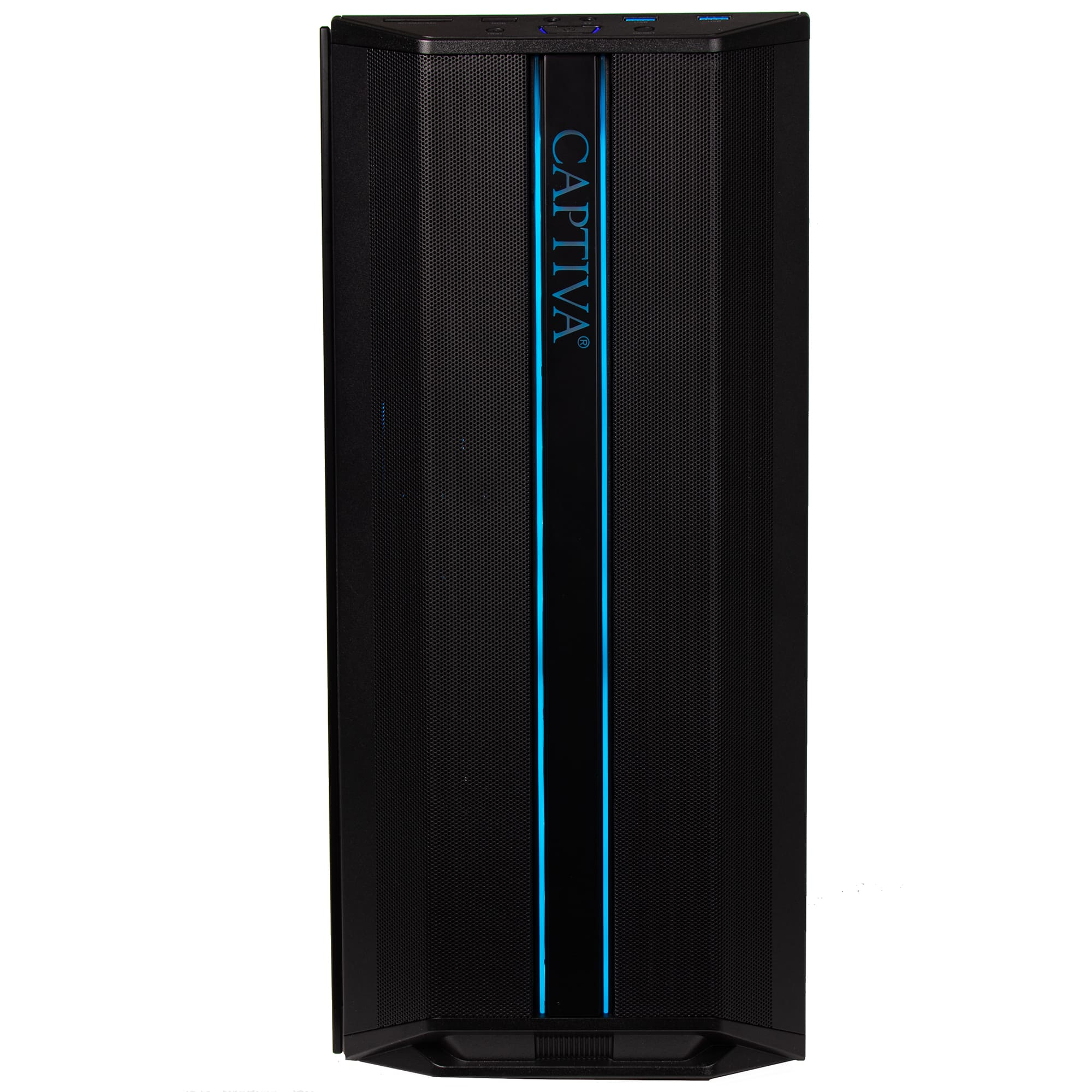 Een hoge zwarte computertoren met blauwe accenten en het woord "CAPTIVA" wordt getoond.