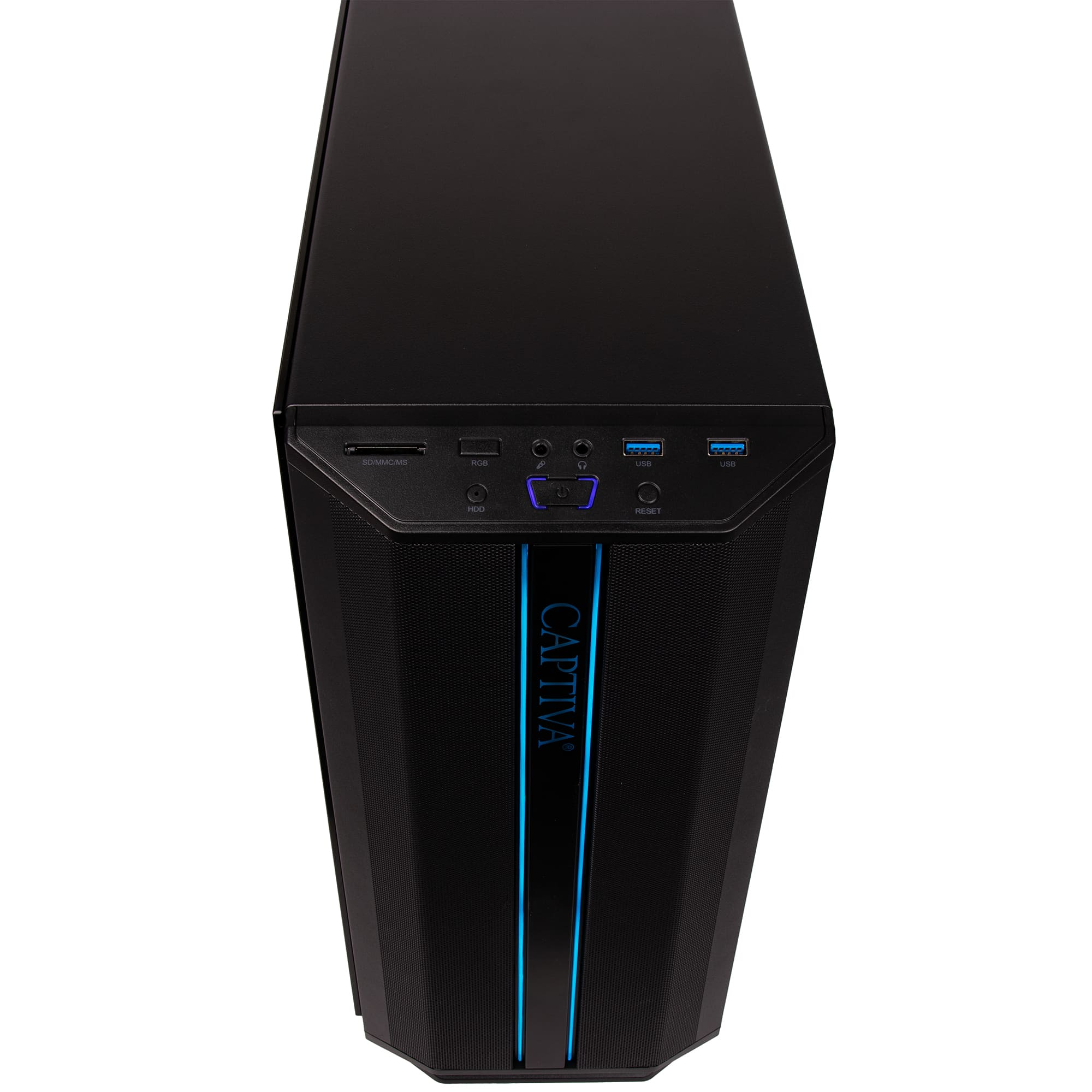 Een zwarte computertoren met blauwe accenten en het woord "CAPTIVA" wordt getoond.