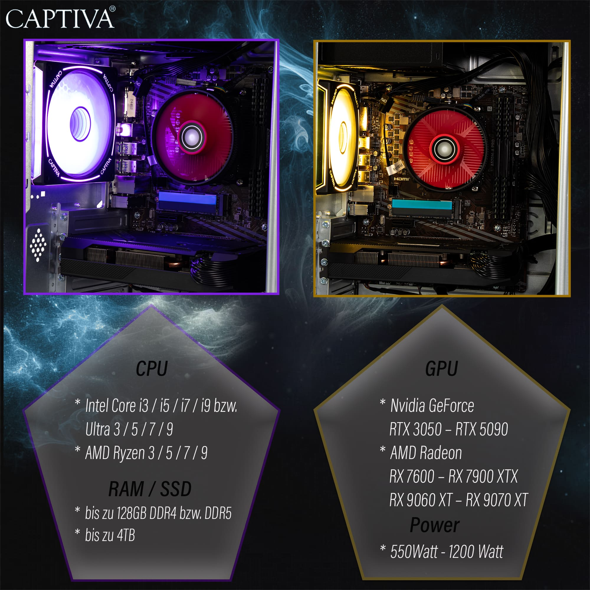 Twee computerinterieurs worden getoond met CPU- en GPU-specificaties die hieronder worden vermeld.
