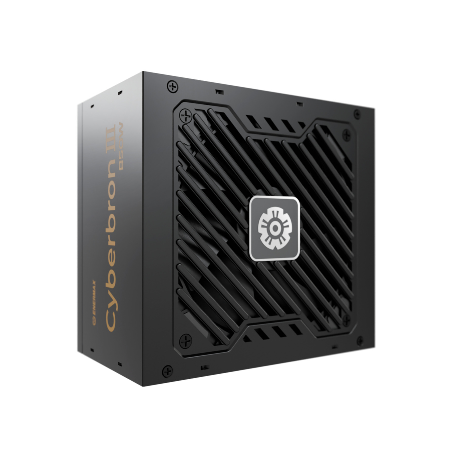 Angled view of a black power supply unit with fan grill on white.