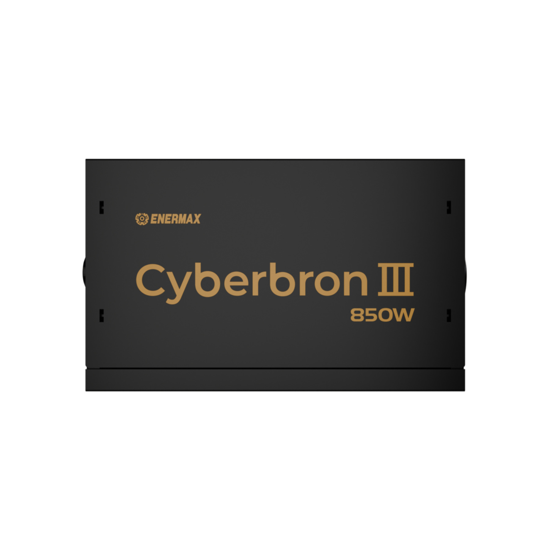 Black Enermax Cyberbron III 850W power supply unit, top view on white.