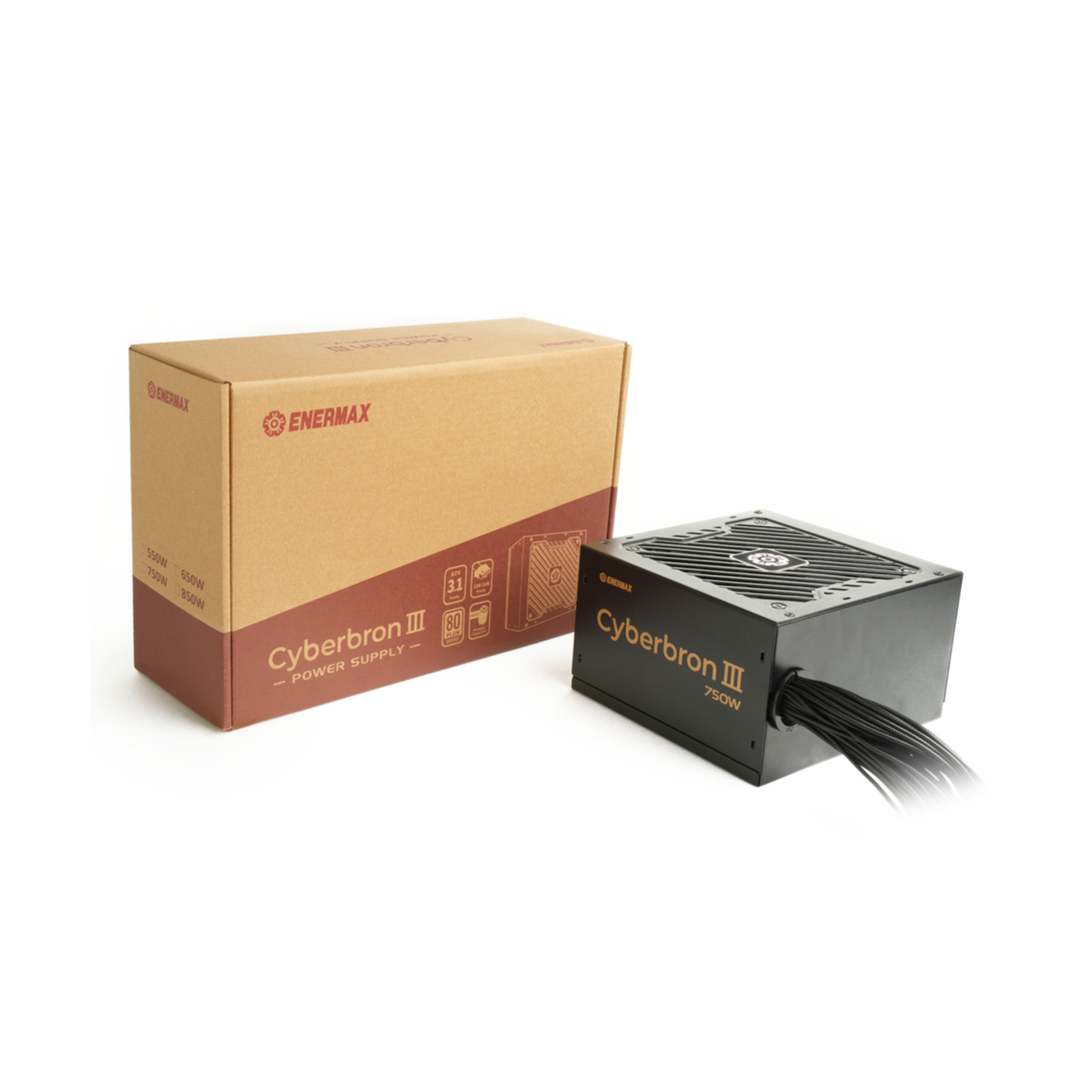 Enermax Cyberbron III 750W power supply and box on a white background.