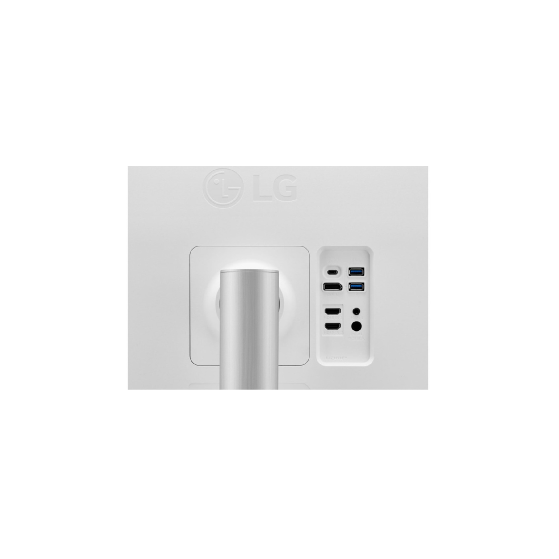 Zbliżenie na tył białego monitora LG z portami i logo LG.