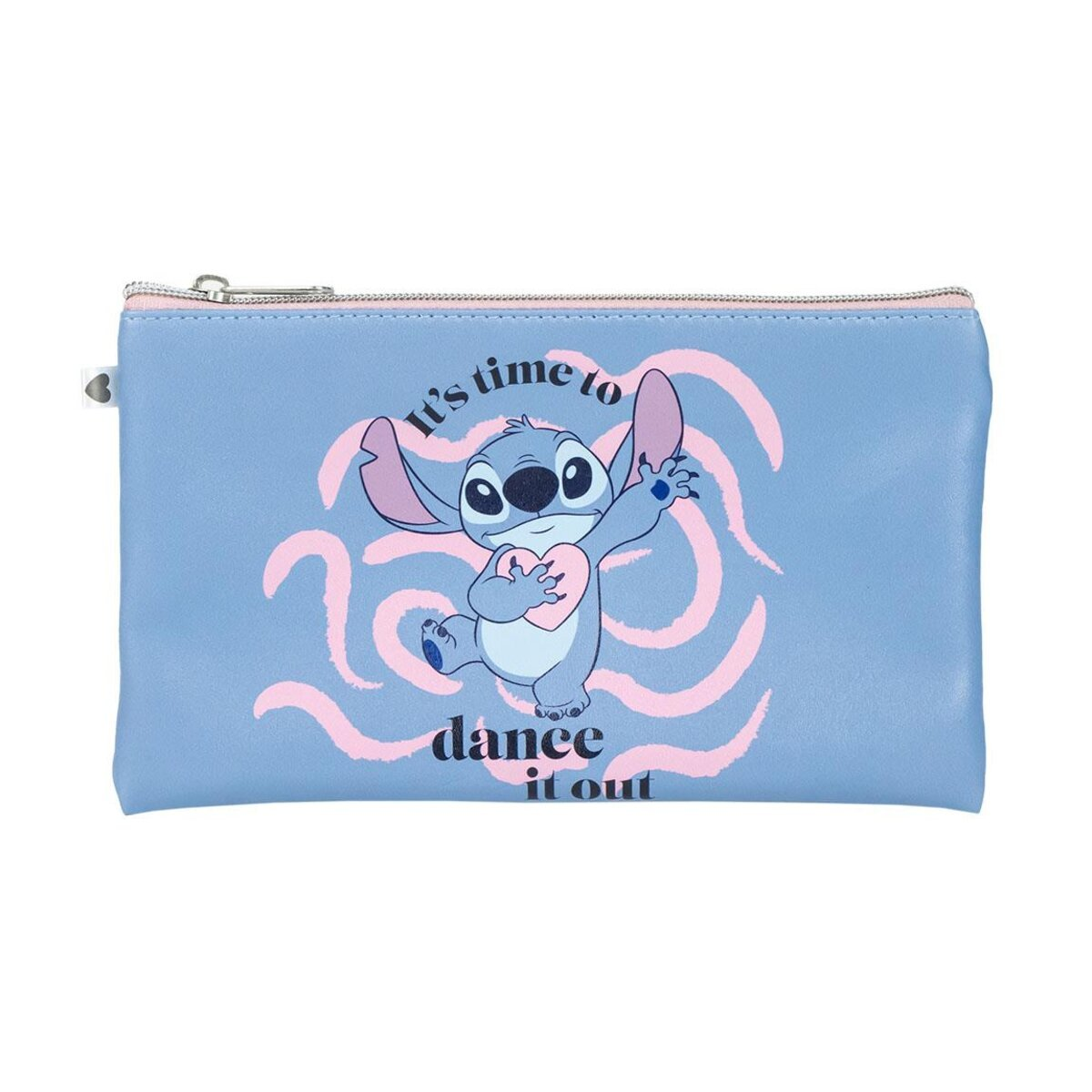 Bolsa azul claro con Stitch sosteniendo un corazón rosa y las palabras 'Es hora de bailar'.