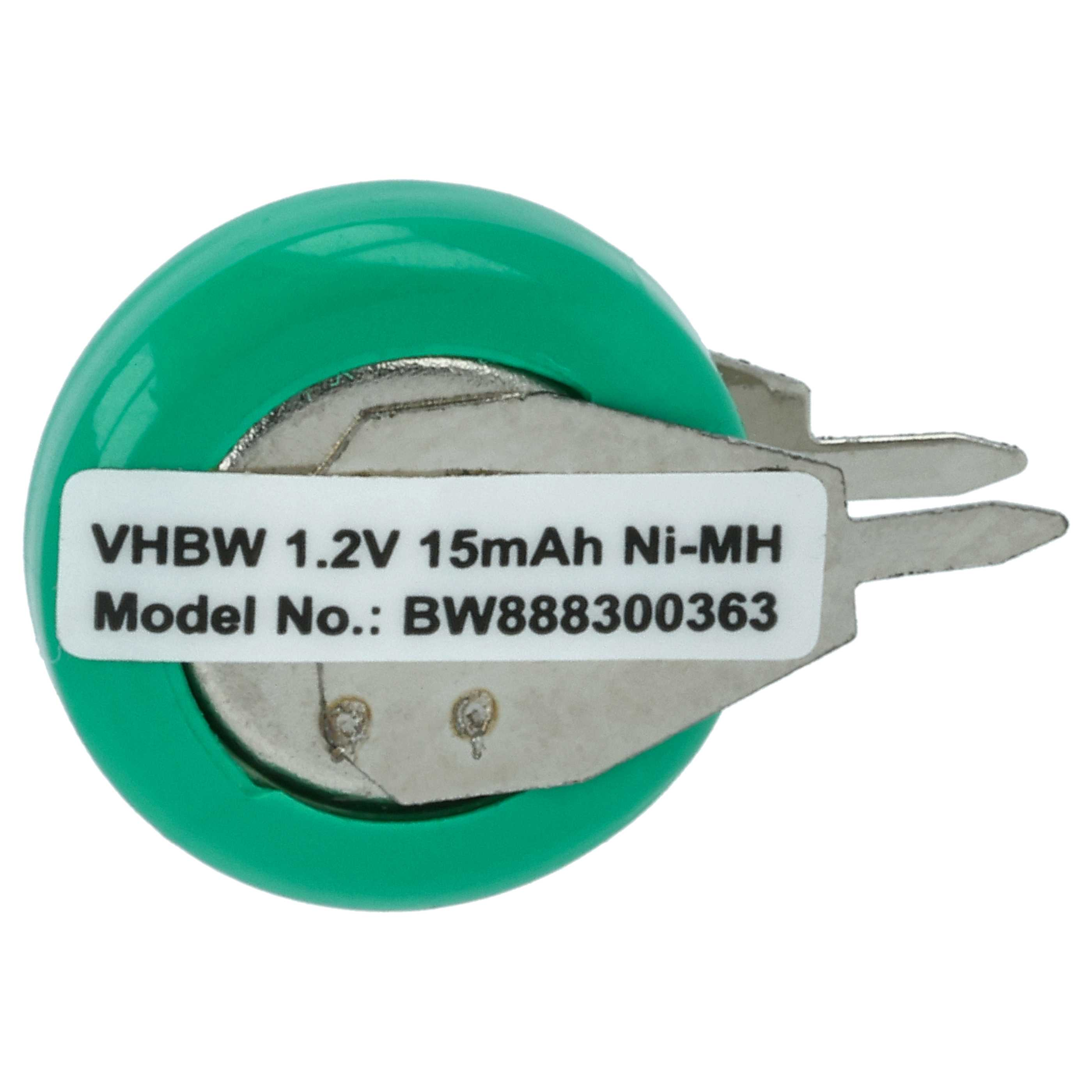 Eine grüne VHBW 1,2V 15mAh Ni-MH Batterie mit Metalllaschen und einem weißen Etikett auf Weiß.