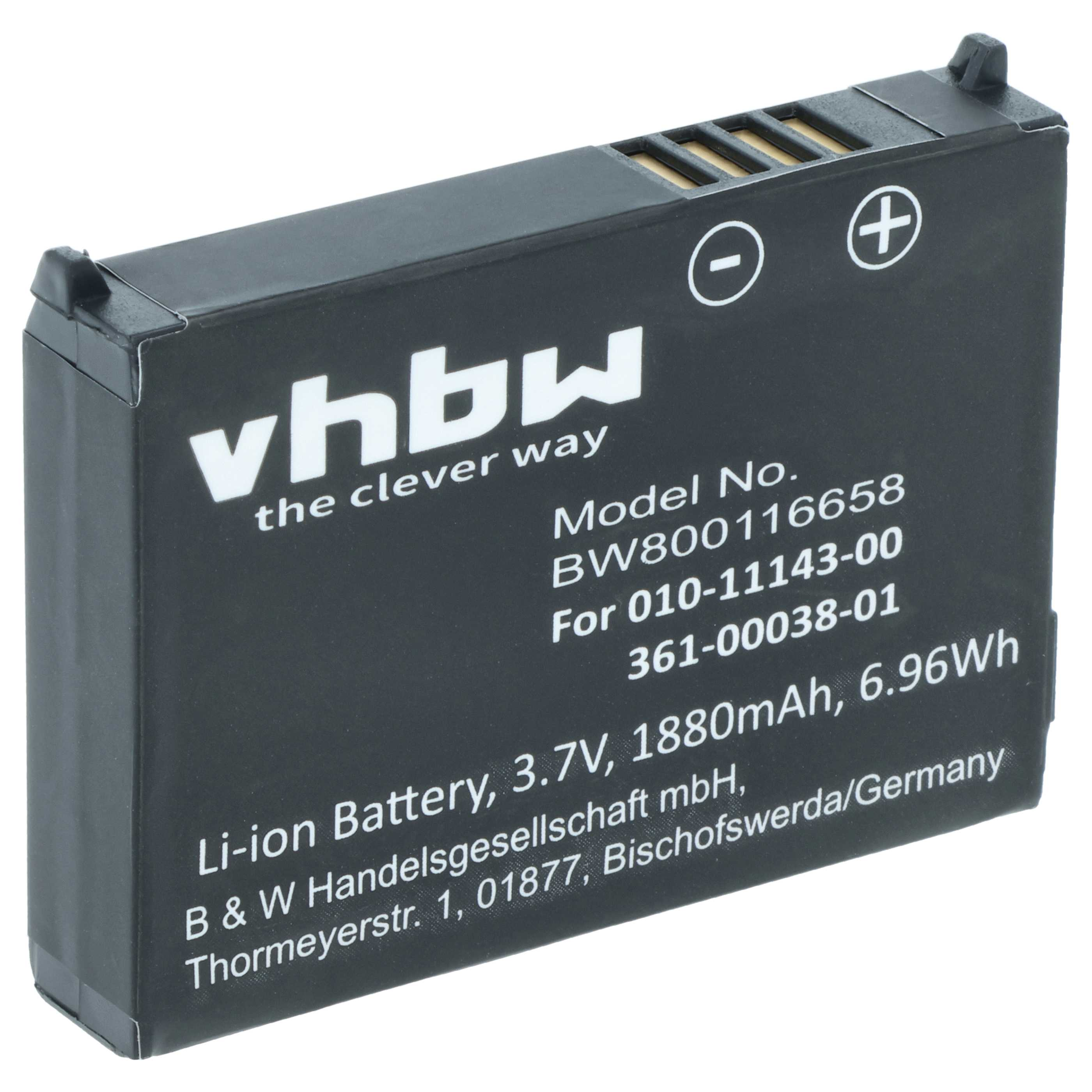 Eine schwarze VHBW Li-Ionen-Batterie mit technischen Spezifikationen vor einem weißen Hintergrund.
