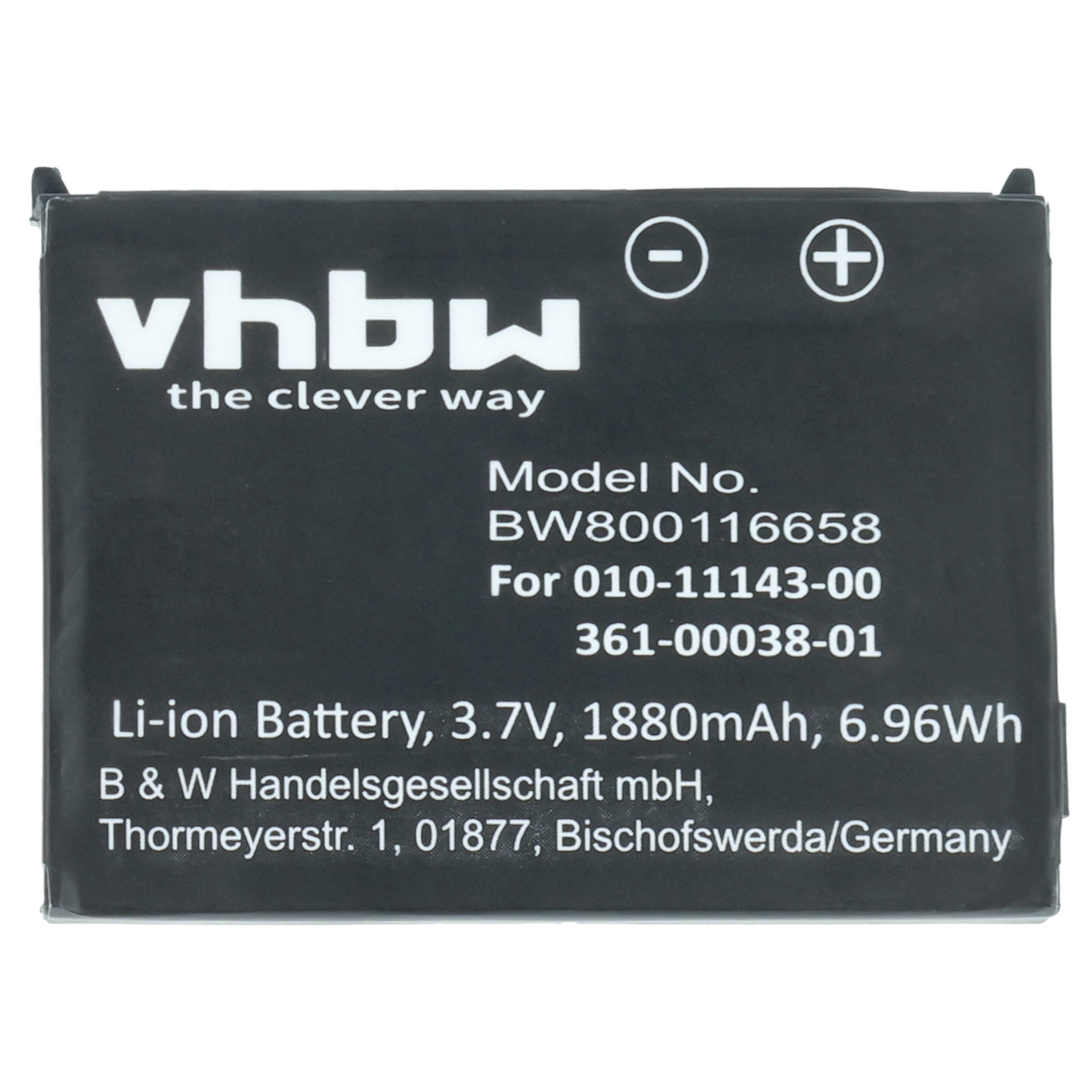 Eine schwarze VHBW Li-Ionen-Batterie, die mit technischen Daten beschriftet ist, vor einem weißen Hintergrund.