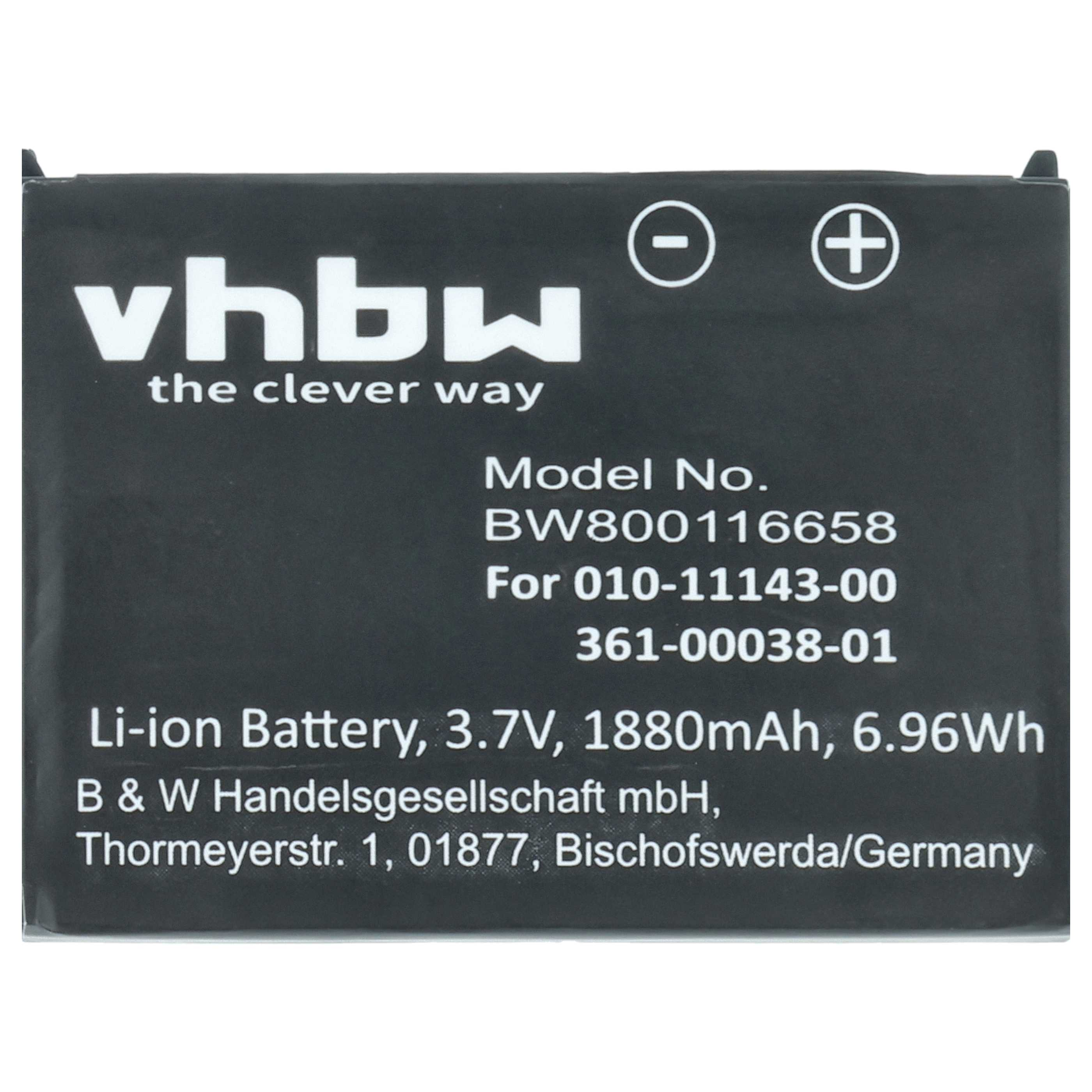 Eine schwarze VHBW Li-Ionen-Batterie, die mit technischen Daten auf einem weißen Hintergrund beschriftet ist.