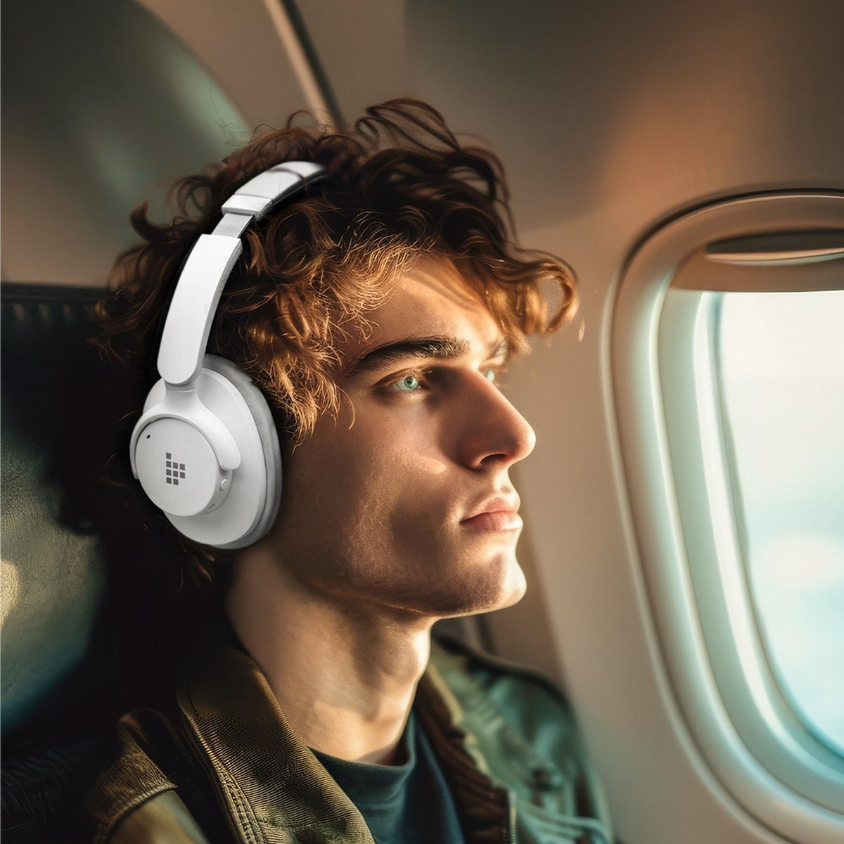 Un uomo su un aereo che indossa cuffie bianche Tronsmart che guarda fuori dal finestrino.