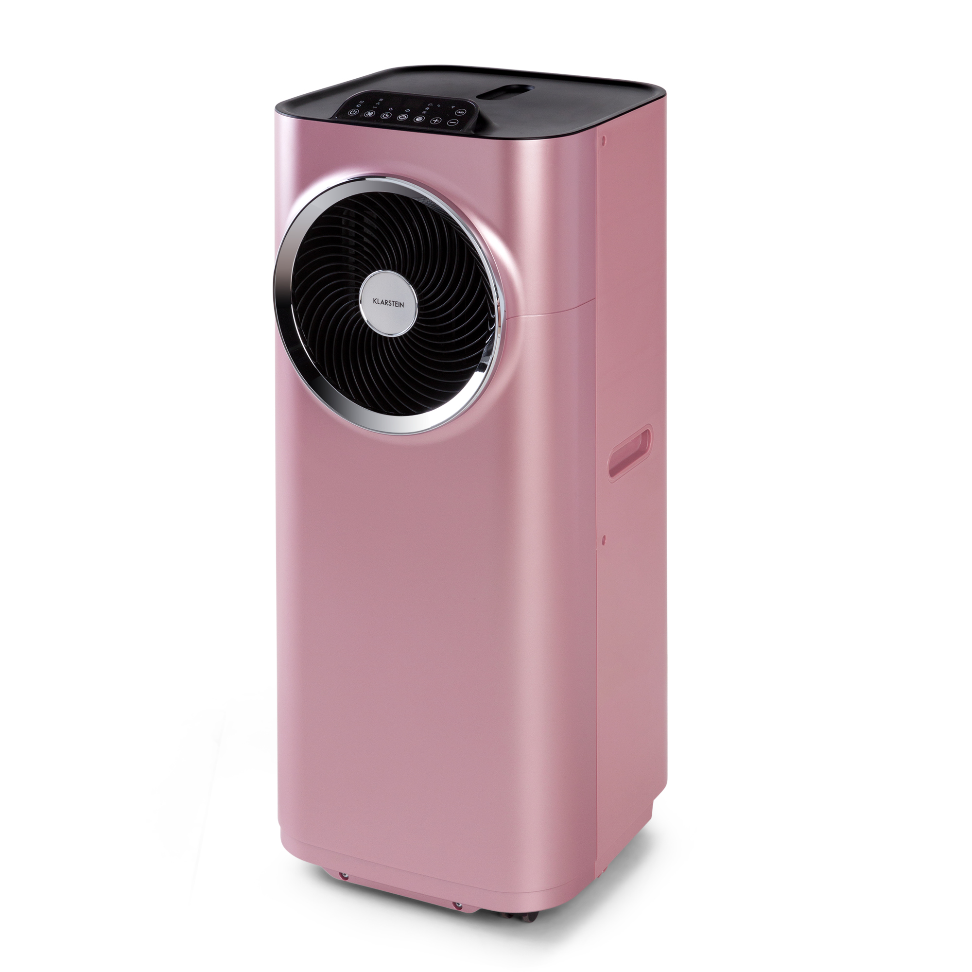 Un condizionatore d'aria rosa Klarstein con una parte superiore nera, angolato su uno sfondo bianco.