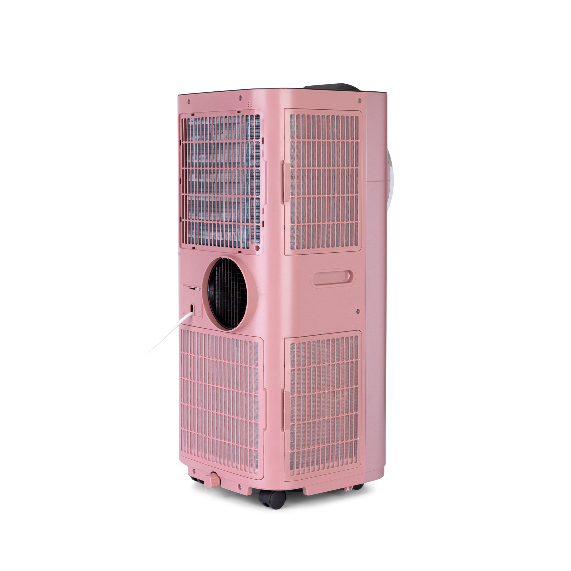 Il retro di un condizionatore d'aria rosa Klarstein su uno sfondo bianco.