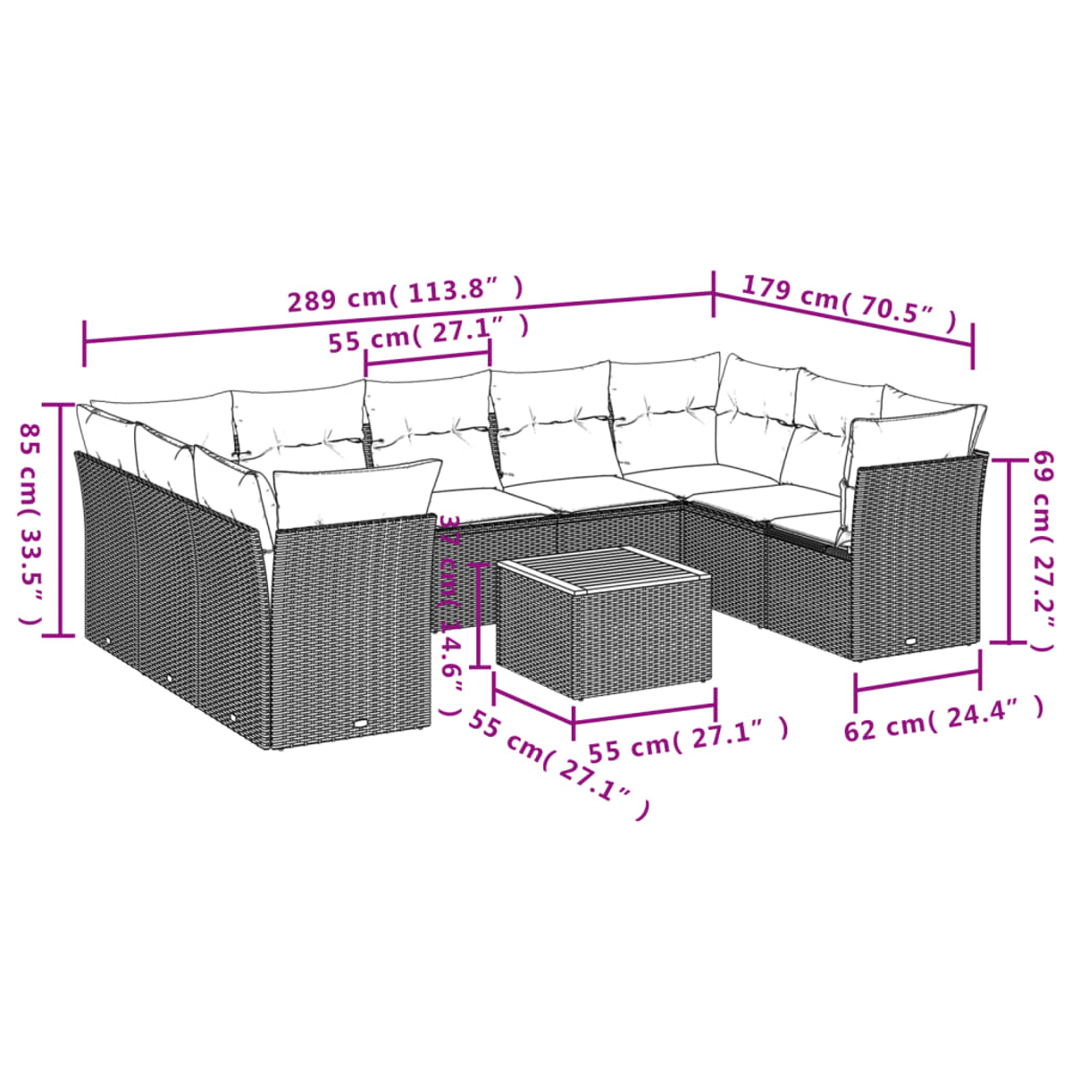 Diagramm eines Outdoor-Sofa-Sets aus Korbgeflecht mit Maßangaben in Zentimetern und Zoll.