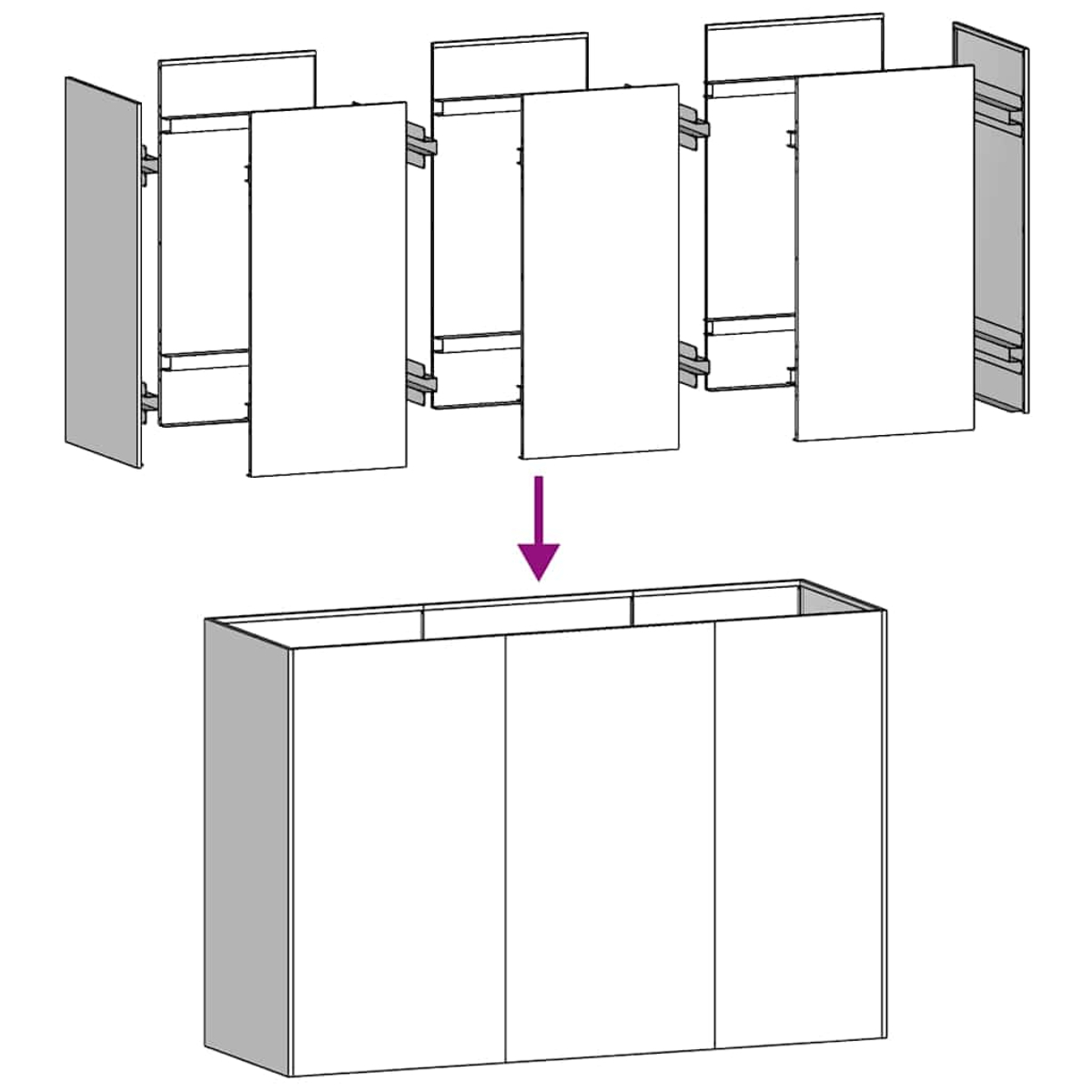Ein Explosionsdiagramm zeigt, wie die Paneele zusammenpassen, um den Pflanzkasten zusammenzubauen.