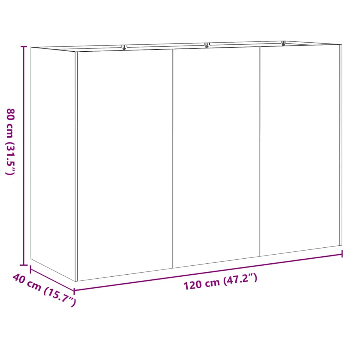 Diagramma che mostra le dimensioni di una fioriera bianca e rettangolare: 80 cm di altezza, 40 cm di profondità e 120 cm di larghezza.