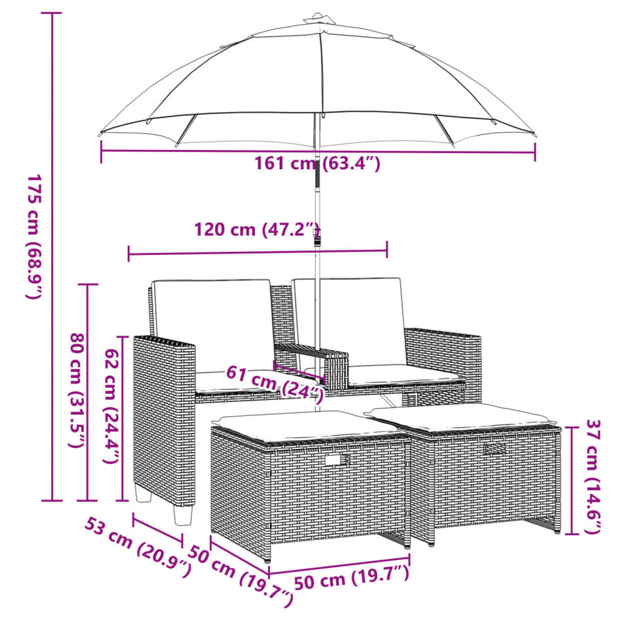 Un diagramma con le dimensioni di un set da patio in vimini con un ombrellone nero. Tutte le misure sono in centimetri.