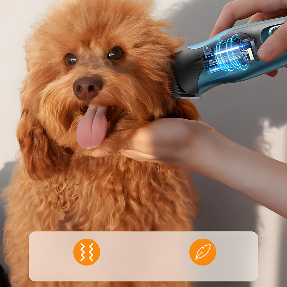 Ręka pielęgnuje pudla za pomocą elektrycznej maszynki do strzyżenia, demonstrując strzyżenie za pomocą ikony miękkiego futra.