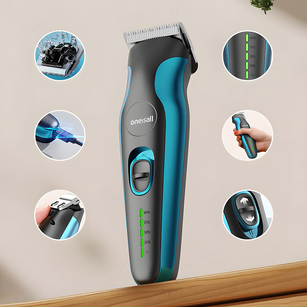 Obraz przedstawia niebiesko-szare narzędzie do pielęgnacji zwierząt, podkreślając jego funkcje i opcje ładowania.