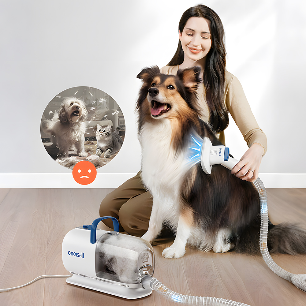 A woman uses a pet grooming tool on a dog. A bubble shows happy pets.
