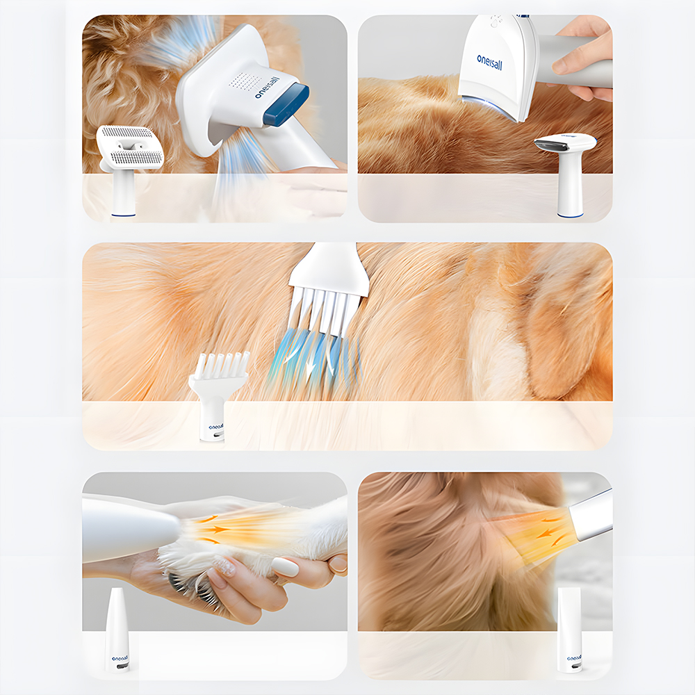 Collage shows various uses of a pet grooming tool on a dog's fur and paws.