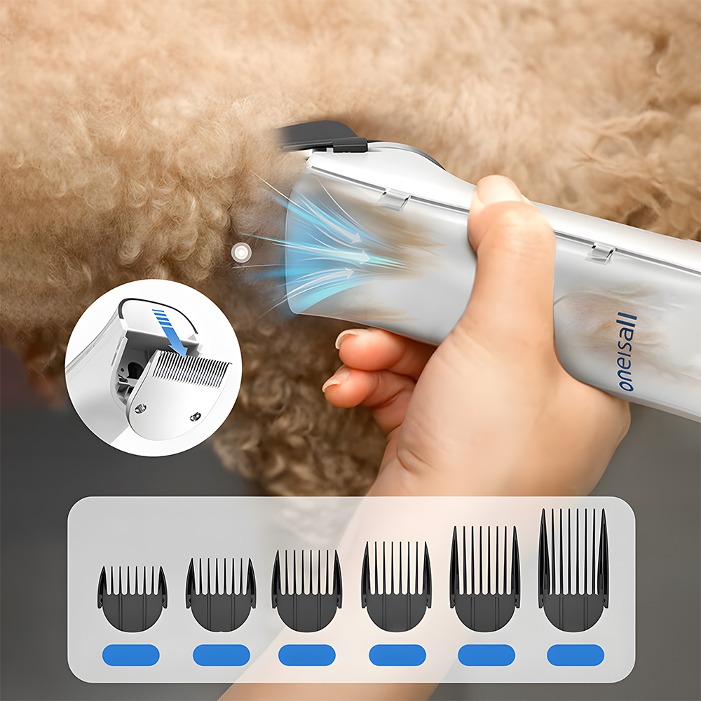 A hand grooms a dog with electric clippers, showing various length attachments for hair cutting.