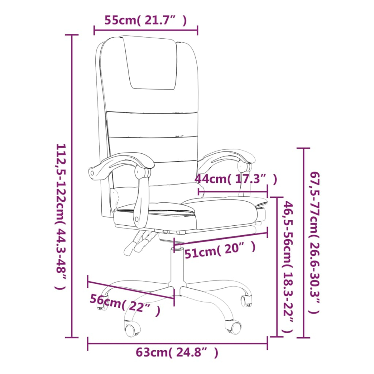 Ein Diagramm zeigt die Maße eines hellen Bürostuhls vor einem weißen Hintergrund.