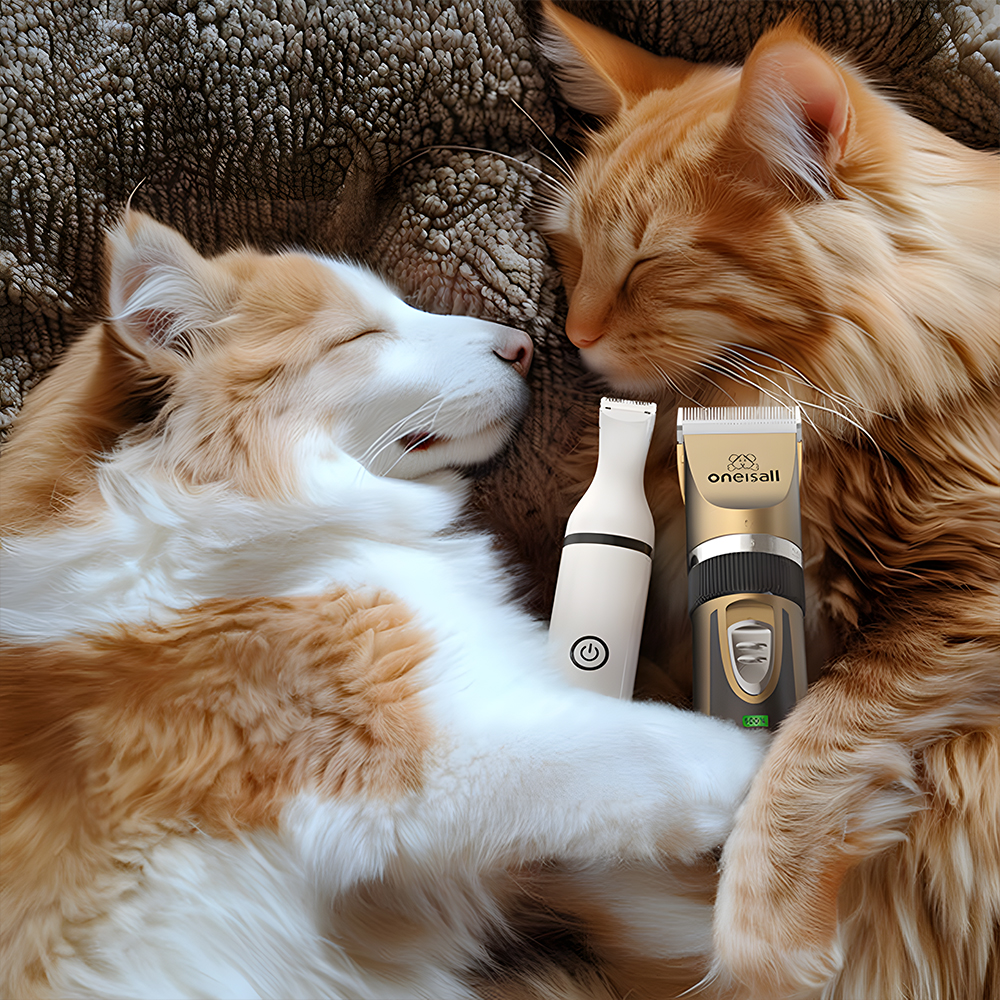 Due cani e strumenti per la cura degli animali domestici sono su una coperta. Uno è bianco e arancione, l'altro è arancione. Entrambi dormono.