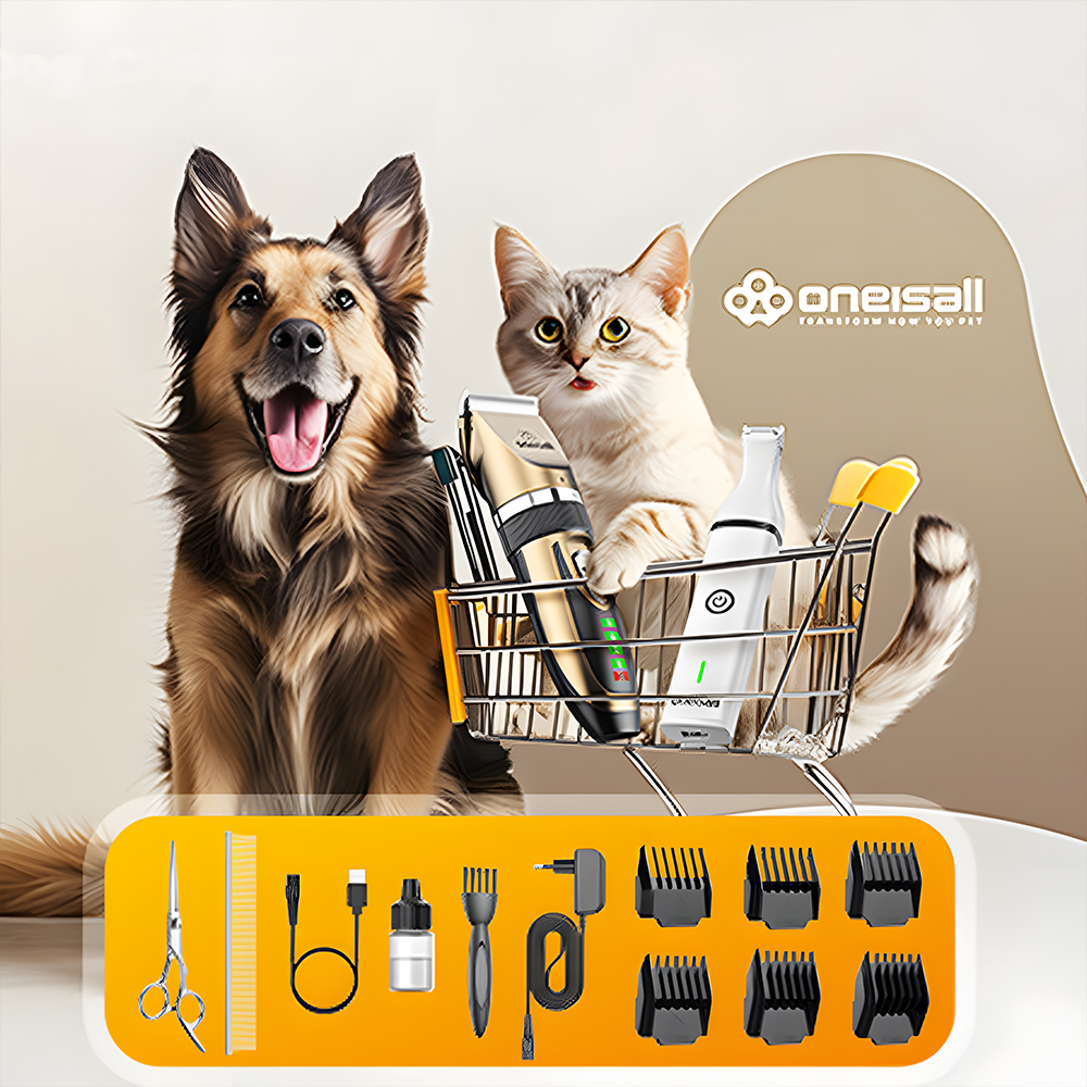 Un cane e un gatto felici siedono con strumenti per la cura degli animali in un carrello della spesa, su uno sfondo color crema.