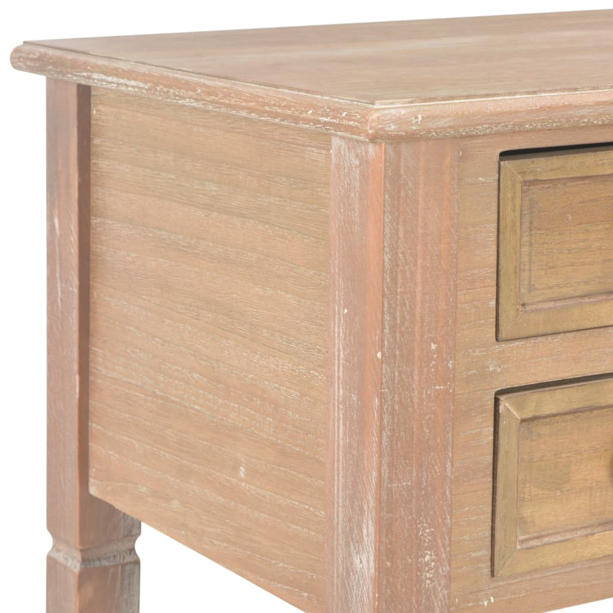 Nahaufnahme eines Holzschreibtisches mit Schubladen, hellbraune Farbe.