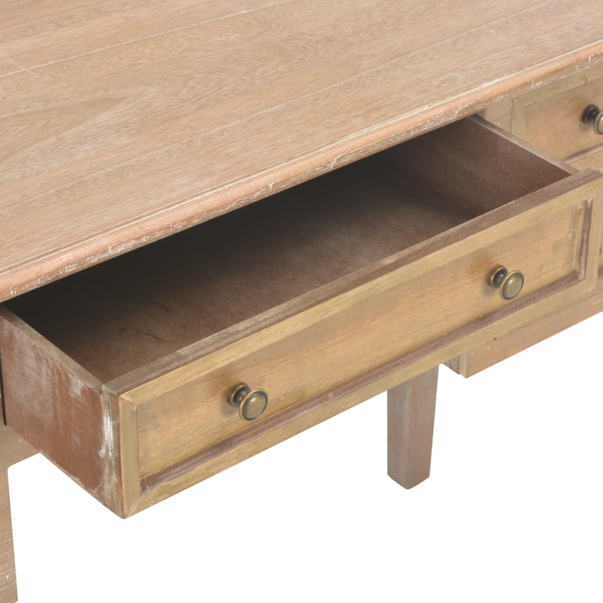 Holzschreibtisch mit offener Schublade, hellbraune Farbe.
