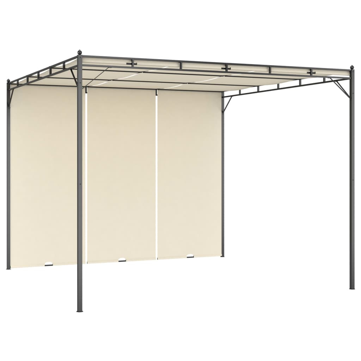 Metallpavillon mit beigen Stoffseitenteilen und Oberteil. Der Rahmen ist dunkelgrau.