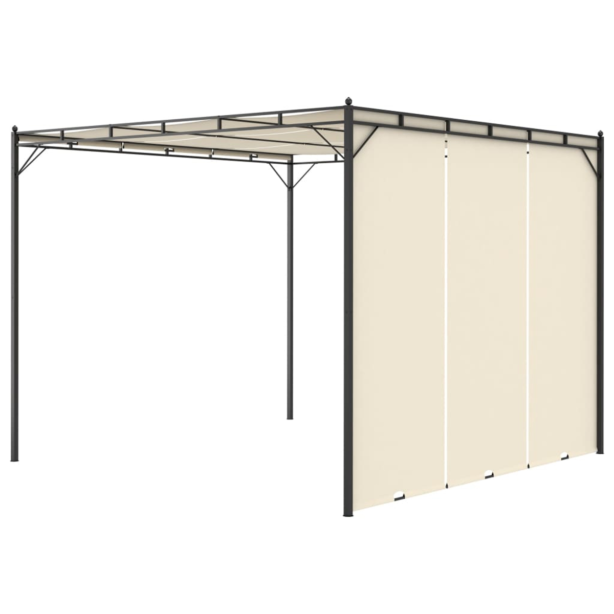 Ein dunkelgrauer Metallpavillon mit beigen Stoffseitenteilen und Oberteil vor einem weißen Hintergrund.