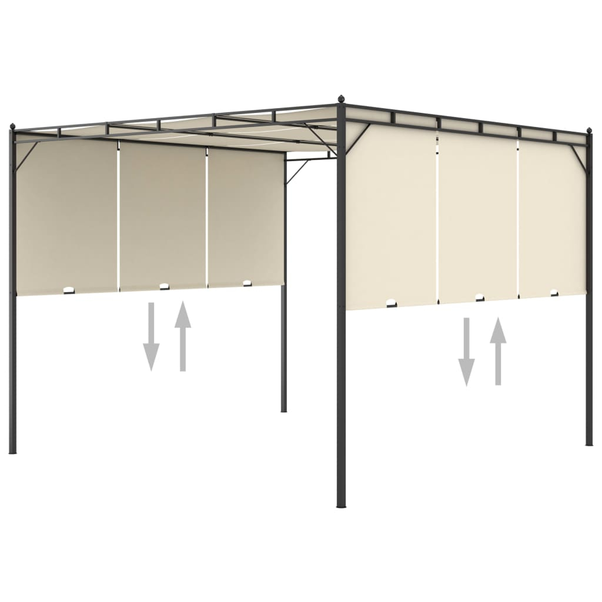 Metallpavillon mit beigen Stoffseitenteilen, einige Paneele teilweise abgesenkt, auf weißem Hintergrund.