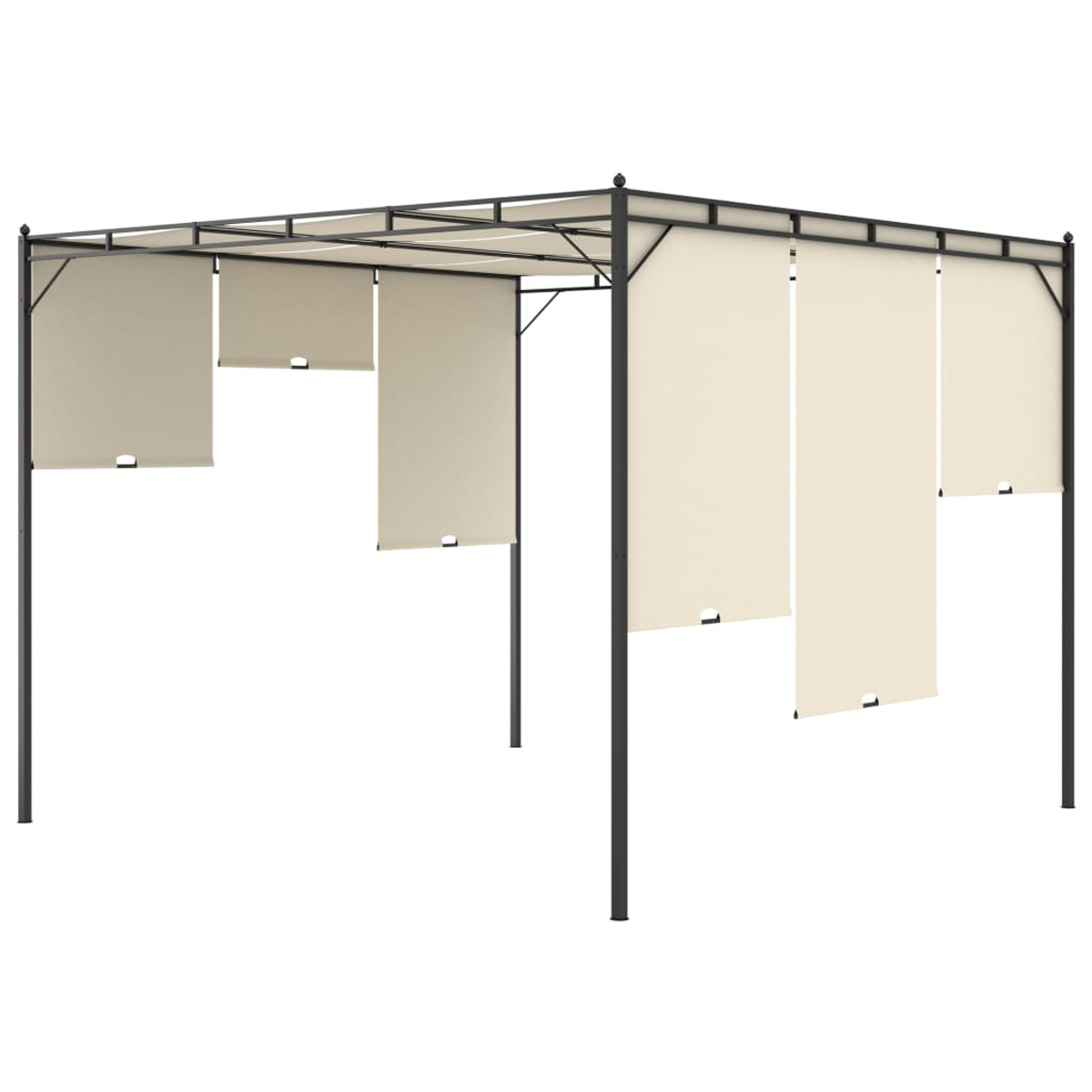 Metallpavillon mit beigen Stoffseitenteilen, einige Paneele teilweise abgesenkt, auf weißem Hintergrund.
