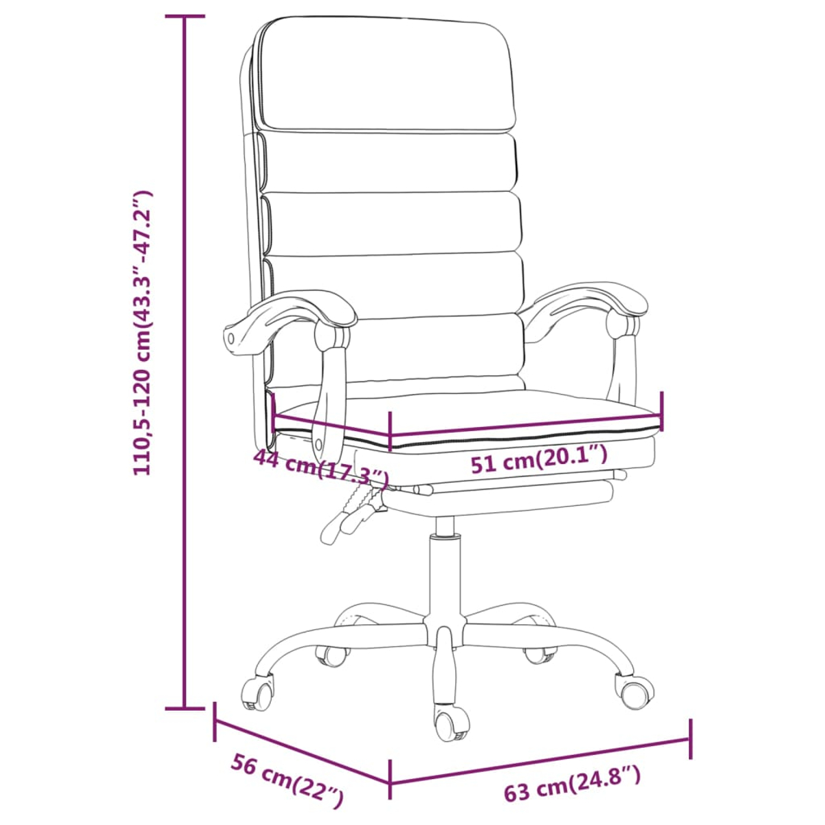 Ein Diagramm eines hohen Bürostuhls zeigt Abmessungen und verfügt über einen gepolsterten Sitz und Rückenlehne mit Rollen.