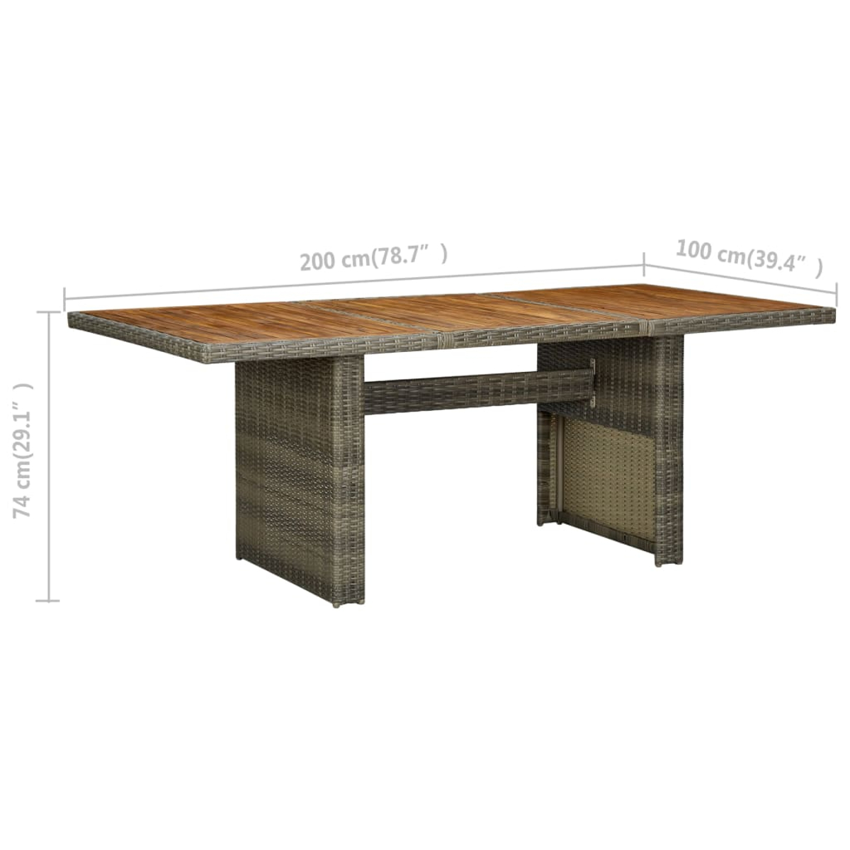 Ein Korbtisch mit Holzplatte zeigt die Maße 200 cm x 100 cm und eine Höhe von 74 cm auf Weiß.
