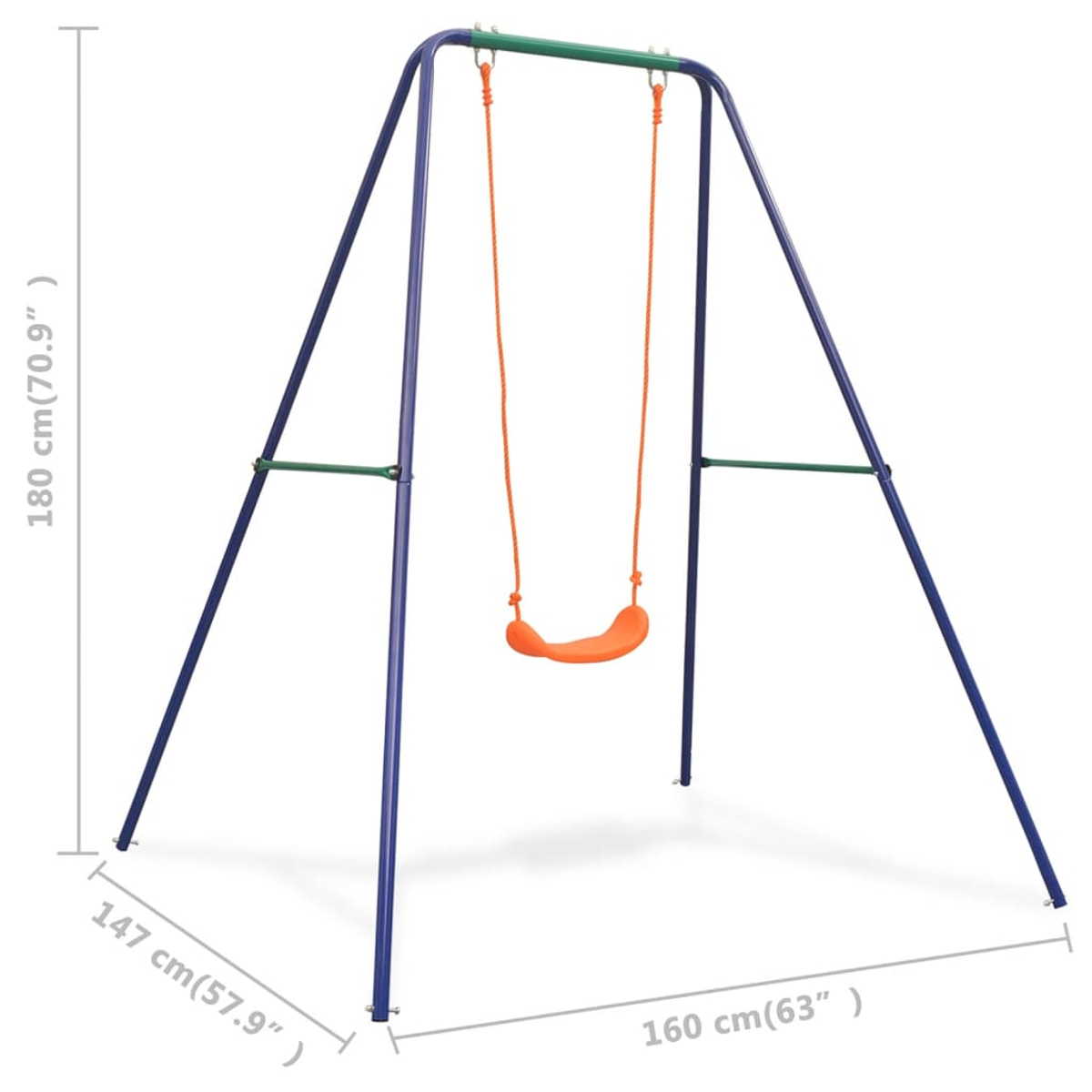 Un'altalena blu con sedile arancione, travi verdi. Dimensioni indicate.
