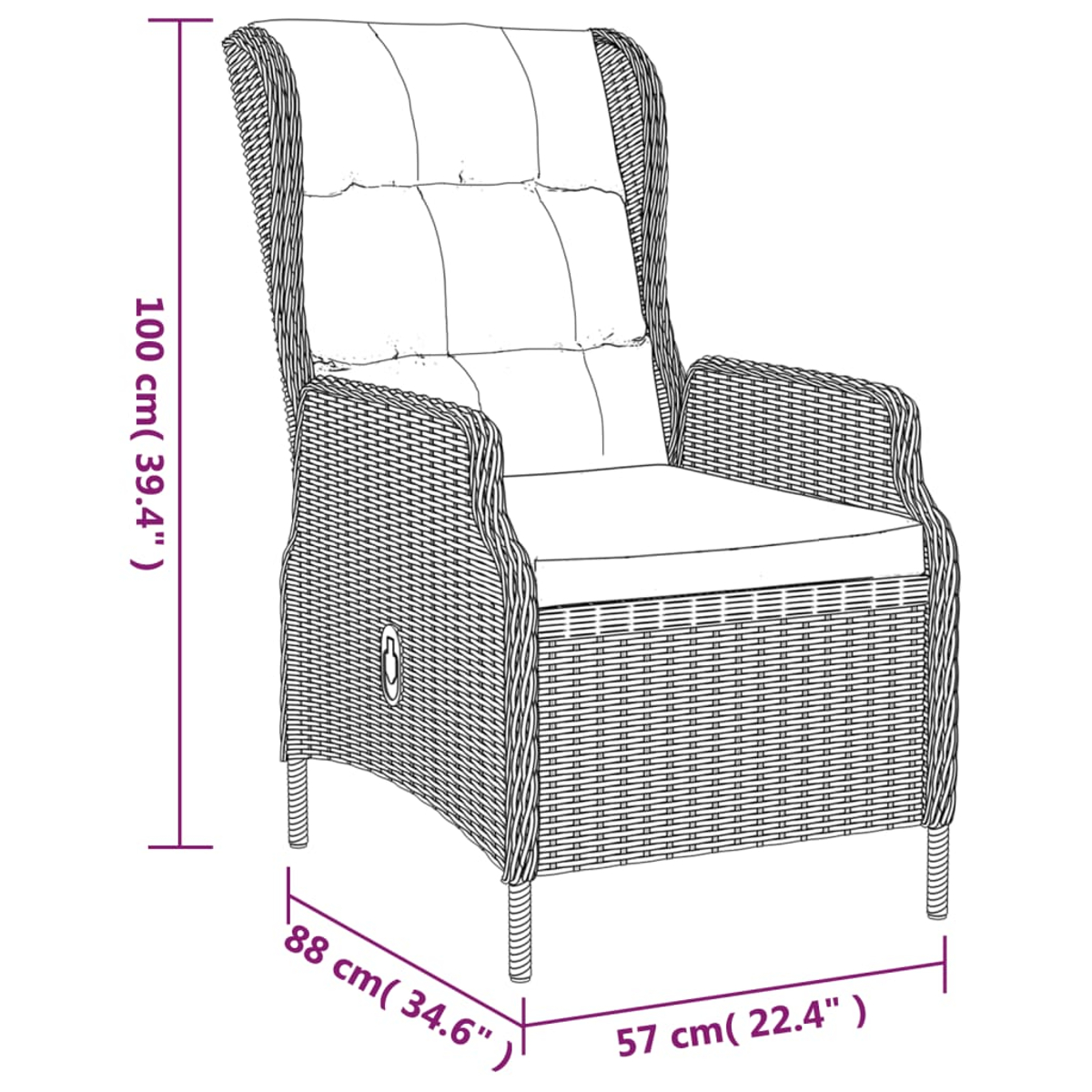 Strichzeichnung eines grauen Rattan-Stuhls mit Maßangaben in Zentimetern.