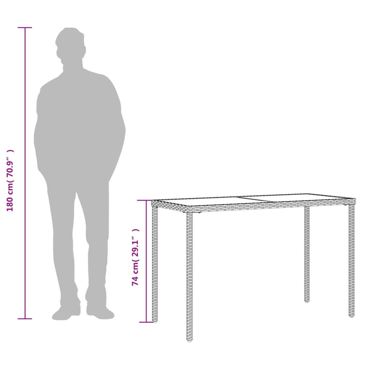Eine Silhouette einer Person steht neben einem rechteckigen Tisch. Abmessungen für die Höhe der Person und des Tisches sind angegeben.