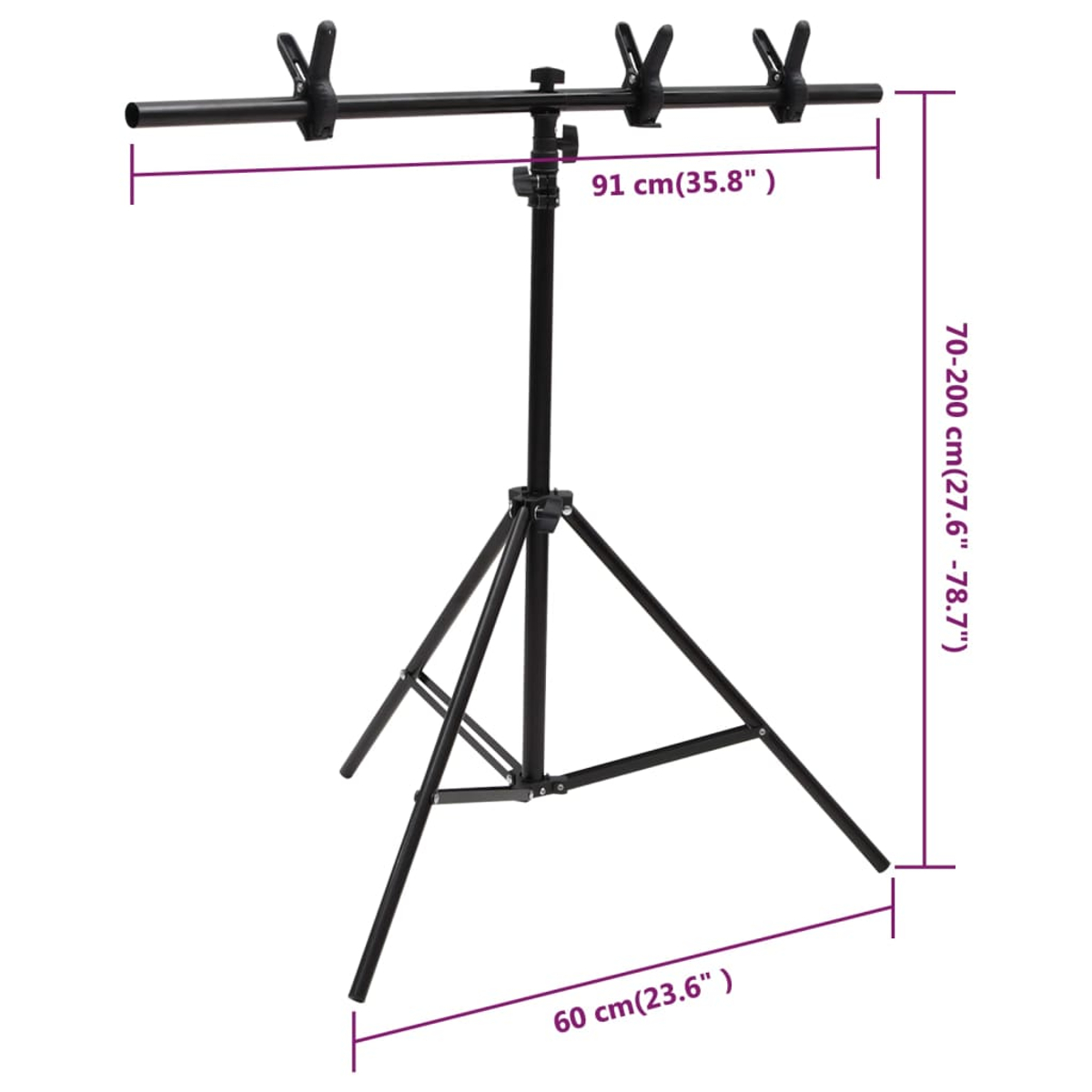 Ein schwarzes Stativ mit horizontaler Stange und Clips. Abmessungen sind angegeben.