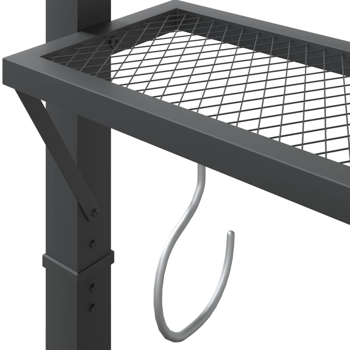 Nahaufnahme eines Metallregals mit Haken, detailliertem Netz und verstellbarer Stange.