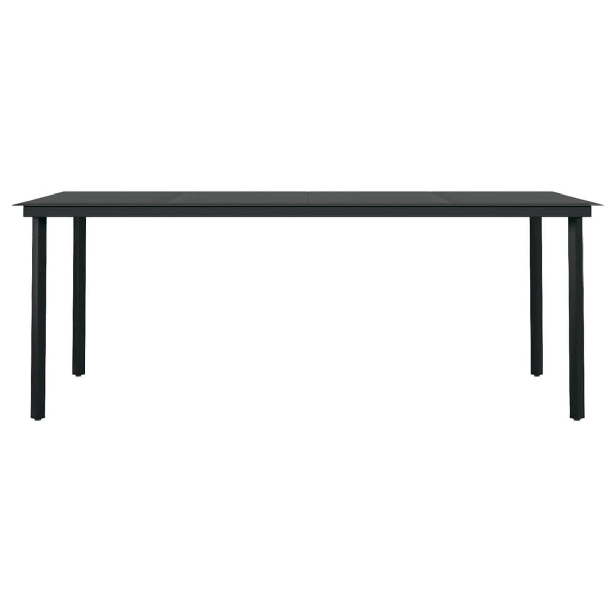 Ein schlanker, schwarzer, rechteckiger Tisch mit minimalistischem Design, geraden Beinen und einer flachen Oberfläche, isoliert auf Weiß.