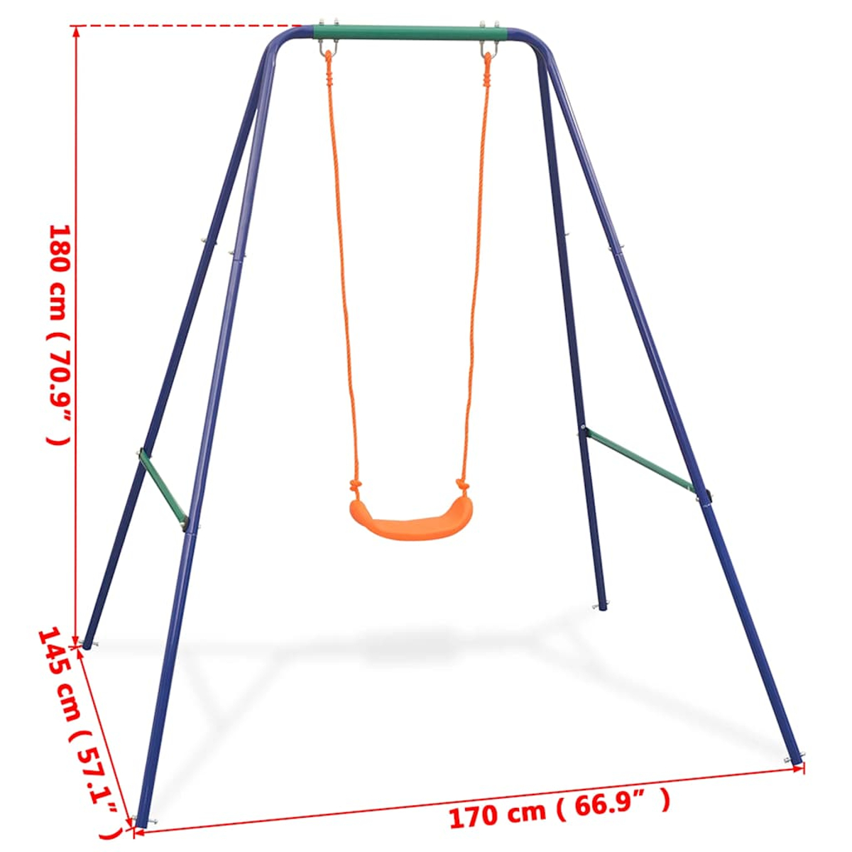Un set di altalene in metallo blu con un sedile in plastica arancione, dimensioni contrassegnate in centimetri e pollici, su sfondo bianco.